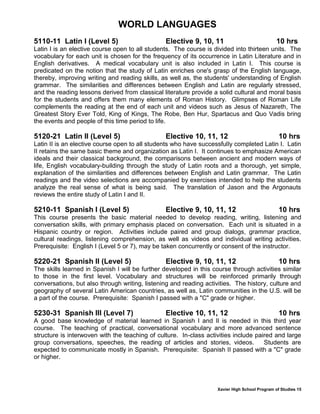 Xavier High School Program of Studies 15
WORLD LANGUAGES
5110-11 Latin I (Level 5) Elective 9, 10, 11 10 hrs
Latin I is an elective course open to all students. The course is divided into thirteen units. The
vocabulary for each unit is chosen for the frequency of its occurrence in Latin Literature and in
English derivatives. A medical vocabulary unit is also included in Latin I. This course is
predicated on the notion that the study of Latin enriches one's grasp of the English language,
thereby, improving writing and reading skills, as well as, the students' understanding of English
grammar. The similarities and differences between English and Latin are regularly stressed,
and the reading lessons derived from classical literature provide a solid cultural and moral basis
for the students and offers them many elements of Roman History. Glimpses of Roman Life
complements the reading at the end of each unit and videos such as Jesus of Nazareth, The
Greatest Story Ever Told, King of Kings, The Robe, Ben Hur, Spartacus and Quo Vadis bring
the events and people of this time period to life.
5120-21 Latin II (Level 5) Elective 10, 11, 12 10 hrs
Latin II is an elective course open to all students who have successfully completed Latin I. Latin
II retains the same basic theme and organization as Latin I. It continues to emphasize American
ideals and their classical background, the comparisons between ancient and modern ways of
life, English vocabulary-building through the study of Latin roots and a thorough, yet simple,
explanation of the similarities and differences between English and Latin grammar. The Latin
readings and the video selections are accompanied by exercises intended to help the students
analyze the real sense of what is being said. The translation of Jason and the Argonauts
reviews the entire study of Latin I and II.
5210-11 Spanish I (Level 5) Elective 9, 10, 11, 12 10 hrs
This course presents the basic material needed to develop reading, writing, listening and
conversation skills, with primary emphasis placed on conversation. Each unit is situated in a
Hispanic country or region. Activities include paired and group dialogs, grammar practice,
cultural readings, listening comprehension, as well as videos and individual writing activities.
Prerequisite: English I (Level 5 or 7), may be taken concurrently or consent of the instructor.
5220-21 Spanish II (Level 5) Elective 9, 10, 11, 12 10 hrs
The skills learned in Spanish I will be further developed in this course through activities similar
to those in the first level. Vocabulary and structures will be reinforced primarily through
conversations, but also through writing, listening and reading activities. The history, culture and
geography of several Latin American countries, as well as, Latin communities in the U.S. will be
a part of the course. Prerequisite: Spanish I passed with a "C" grade or higher.
5230-31 Spanish III (Level 7) Elective 10, 11, 12 10 hrs
A good base knowledge of material learned in Spanish I and II is needed in this third year
course. The teaching of practical, conversational vocabulary and more advanced sentence
structure is interwoven with the teaching of culture. In-class activities include paired and large
group conversations, speeches, the reading of articles and stories, videos. Students are
expected to communicate mostly in Spanish. Prerequisite: Spanish II passed with a "C" grade
or higher.
 