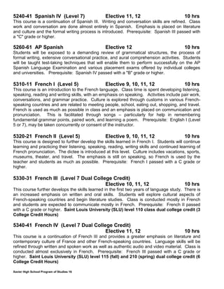 Xavier High School Program of Studies 16
5240-41 Spanish IV (Level 7) Elective 11, 12 10 hrs
This course is a continuation of Spanish III. Writing and conversation skills are refined. Class
work and conversation are done almost entirely in Spanish. Emphasis is placed on literature
and culture and the formal writing process is introduced. Prerequisite: Spanish III passed with
a "C" grade or higher.
5260-61 AP Spanish Elective 12 10 hrs
Students will be exposed to a demanding review of grammatical structures, the process of
formal writing, extensive conversational practice, and aural comprehension activities. Students
will be taught test-taking techniques that will enable them to perform successfully on the AP
Spanish Language Examination and various placement exams offered by individual colleges
and universities. Prerequisite: Spanish IV passed with a "B" grade or higher.
5310-11 French I (Level 5) Elective 9, 10, 11, 12 10 hrs
This course is an introduction to the French language. Class time is spent developing listening,
speaking, reading and writing skills, with an emphasis on speaking. Activities include pair work,
conversations, and grammar practice. Culture is explored through customs in various French-
speaking countries and are related to meeting people, school, eating out, shopping, and travel.
French is used as much as possible in class and an emphasis is placed on communication and
pronunciation. This is facilitated through songs – particularly for help in remembering
fundamental grammar points, paired work, and learning a poem. Prerequisite: English I (Level
5 or 7), may be taken concurrently or consent of the instructor.
5320-21 French II (Level 5) Elective 9, 10, 11, 12 10 hrs
This course is designed to further develop the skills learned in French I. Students will continue
learning and practicing their listening, speaking, reading, writing skills and continued learning of
French pronunciation. The dictee is introduced at this level. Culture includes vacations, sports,
museums, theater, and travel. The emphasis is still on speaking, so French is used by the
teacher and students as much as possible. Prerequisite: French I passed with a C grade or
higher.
5330-31 French III (Level 7 Dual College Credit)
Elective 10, 11, 12 10 hrs
This course further develops the skills learned in the first two years of language study. There is
an increased emphasis on written and oral skills. Students will explore cultural aspects of
French-speaking countries and begin literature studies. Class is conducted mostly in French
and students are expected to communicate mostly in French. Prerequisite: French II passed
with a C grade or higher. Saint Louis University (SLU) level 110 class dual college credit (3
College Credit Hours)
5340-41 French IV (Level 7 Dual College Credit)
Elective 11, 12 10 hrs
This course is a continuation of French III and provides a greater emphasis on literature and
contemporary culture of France and other French-speaking countries. Language skills will be
refined through written and spoken work as well as authentic audio and video material. Class is
conducted almost exclusively in French. Prerequisite: French III passed with a C grade or
higher. Saint Louis University (SLU) level 115 (fall) and 210 (spring) dual college credit (6
College Credit Hours)
 