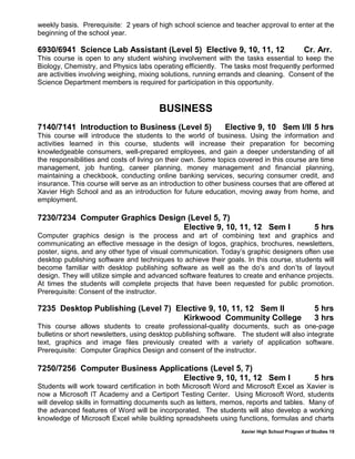 Xavier High School Program of Studies 19
weekly basis. Prerequisite: 2 years of high school science and teacher approval to enter at the
beginning of the school year.
6930/6941 Science Lab Assistant (Level 5) Elective 9, 10, 11, 12 Cr. Arr.
This course is open to any student wishing involvement with the tasks essential to keep the
Biology, Chemistry, and Physics labs operating efficiently. The tasks most frequently performed
are activities involving weighing, mixing solutions, running errands and cleaning. Consent of the
Science Department members is required for participation in this opportunity.
BUSINESS
7140/7141 Introduction to Business (Level 5) Elective 9, 10 Sem I/II 5 hrs
This course will introduce the students to the world of business. Using the information and
activities learned in this course, students will increase their preparation for becoming
knowledgeable consumers, well-prepared employees, and gain a deeper understanding of all
the responsibilities and costs of living on their own. Some topics covered in this course are time
management, job hunting, career planning, money management and financial planning,
maintaining a checkbook, conducting online banking services, securing consumer credit, and
insurance. This course will serve as an introduction to other business courses that are offered at
Xavier High School and as an introduction for future education, moving away from home, and
employment.
7230/7234 Computer Graphics Design (Level 5, 7)
Elective 9, 10, 11, 12 Sem I 5 hrs
Computer graphics design is the process and art of combining text and graphics and
communicating an effective message in the design of logos, graphics, brochures, newsletters,
poster, signs, and any other type of visual communication. Today’s graphic designers often use
desktop publishing software and techniques to achieve their goals. In this course, students will
become familiar with desktop publishing software as well as the do’s and don’ts of layout
design. They will utilize simple and advanced software features to create and enhance projects.
At times the students will complete projects that have been requested for public promotion.
Prerequisite: Consent of the instructor.
7235 Desktop Publishing (Level 7) Elective 9, 10, 11, 12 Sem II 5 hrs
Kirkwood Community College 3 hrs
This course allows students to create professional-quality documents, such as one-page
bulletins or short newsletters, using desktop publishing software. The student will also integrate
text, graphics and image files previously created with a variety of application software.
Prerequisite: Computer Graphics Design and consent of the instructor.
7250/7256 Computer Business Applications (Level 5, 7)
Elective 9, 10, 11, 12 Sem I 5 hrs
Students will work toward certification in both Microsoft Word and Microsoft Excel as Xavier is
now a Microsoft IT Academy and a Certiport Testing Center. Using Microsoft Word, students
will develop skills in formatting documents such as letters, memos, reports and tables. Many of
the advanced features of Word will be incorporated. The students will also develop a working
knowledge of Microsoft Excel while building spreadsheets using functions, formulas and charts
 