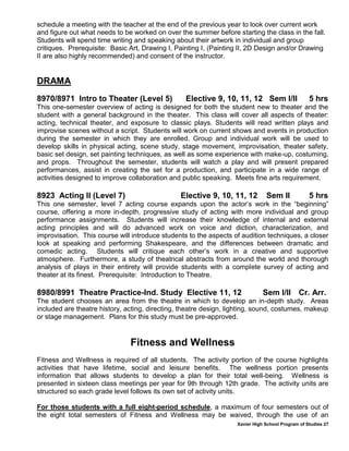 Xavier High School Program of Studies 27
schedule a meeting with the teacher at the end of the previous year to look over current work
and figure out what needs to be worked on over the summer before starting the class in the fall.
Students will spend time writing and speaking about their artwork in individual and group
critiques. Prerequisite: Basic Art, Drawing I, Painting I, (Painting II, 2D Design and/or Drawing
II are also highly recommended) and consent of the instructor.
DRAMA
8970/8971 Intro to Theater (Level 5) Elective 9, 10, 11, 12 Sem I/II 5 hrs
This one-semester overview of acting is designed for both the student new to theater and the
student with a general background in the theater. This class will cover all aspects of theater:
acting, technical theater, and exposure to classic plays. Students will read written plays and
improvise scenes without a script. Students will work on current shows and events in production
during the semester in which they are enrolled. Group and individual work will be used to
develop skills in physical acting, scene study, stage movement, improvisation, theater safety,
basic set design, set painting techniques, as well as some experience with make-up, costuming,
and props. Throughout the semester, students will watch a play and will present prepared
performances, assist in creating the set for a production, and participate in a wide range of
activities designed to improve collaboration and public speaking. Meets fine arts requirement.
8923 Acting II (Level 7) Elective 9, 10, 11, 12 Sem II 5 hrs
This one semester, level 7 acting course expands upon the actor’s work in the “beginning”
course, offering a more in-depth, progressive study of acting with more individual and group
performance assignments. Students will increase their knowledge of internal and external
acting principles and will do advanced work on voice and diction, characterization, and
improvisation. This course will introduce students to the aspects of audition techniques, a closer
look at speaking and performing Shakespeare, and the differences between dramatic and
comedic acting. Students will critique each other’s work in a creative and supportive
atmosphere. Furthermore, a study of theatrical abstracts from around the world and thorough
analysis of plays in their entirety will provide students with a complete survey of acting and
theater at its finest. Prerequisite: Introduction to Theatre.
8980/8991 Theatre Practice-Ind. Study Elective 11, 12 Sem I/II Cr. Arr.
The student chooses an area from the theatre in which to develop an in-depth study. Areas
included are theatre history, acting, directing, theatre design, lighting, sound, costumes, makeup
or stage management. Plans for this study must be pre-approved.
Fitness and Wellness
Fitness and Wellness is required of all students. The activity portion of the course highlights
activities that have lifetime, social and leisure benefits. The wellness portion presents
information that allows students to develop a plan for their total well-being. Wellness is
presented in sixteen class meetings per year for 9th through 12th grade. The activity units are
structured so each grade level follows its own set of activity units.
For those students with a full eight-period schedule, a maximum of four semesters out of
the eight total semesters of Fitness and Wellness may be waived, through the use of an
 