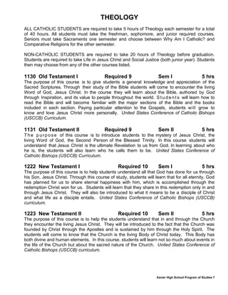 Xavier High School Program of Studies 7
THEOLOGY
ALL CATHOLIC STUDENTS are required to take 5 hours of Theology each semester for a total
of 40 hours. All students must take the freshman, sophomore, and junior required courses.
Seniors must take Sacraments one semester and choose between Why Am I Catholic? and
Comparative Religions for the other semester.
NON-CATHOLIC STUDENTS are required to take 20 hours of Theology before graduation.
Students are required to take Life in Jesus Christ and Social Justice (both junior year). Students
then may choose from any of the other courses listed.
1130 Old Testament I Required 9 Sem I 5 hrs
The purpose of this course is to give students a general knowledge and appreciation of the
Sacred Scriptures. Through their study of the Bible students will come to encounter the living
Word of God, Jesus Christ. In the course they will learn about the Bible, authored by God
through Inspiration, and its value to people throughout the world. S t u d e n t s will learn how to
read the Bible and will become familiar with the major sections of the Bible and the books
included in each section. Paying particular attention to the Gospels, students will grow to
know and love Jesus Christ more personally. United States Conference of Catholic Bishops
(USCCB) Curriculum.
1131 Old Testament II Required 9 Sem II 5 hrs
T h e p u rp o se of this course is to introduce students to the mystery of Jesus Christ, the
living Word of God, the Second Person of the Blessed Trinity. In this course students will
understand that Jesus Christ is the ultimate Revelation to us from God. In learning about who
he is, the students will also learn who he calls them to be. United States Conference of
Catholic Bishops (USCCB) Curriculum.
1222 New Testament I Required 10 Sem I 5 hrs
The purpose of this course is to help students understand all that God has done for us through
his Son, Jesus Christ. Through this course of study, students will learn that for all eternity, God
has planned for us to share eternal happiness with him, which is accomplished through the
redemption Christ won for us. Students will learn that they share in this redemption only in and
through Jesus Christ. They will also be introduced to what it means to be a disciple of Christ
and what life as a disciple entails. United States Conference of Catholic Bishops (USCCB)
curriculum.
1223 New Testament II Required 10 Sem II 5 hrs
The purpose of this course is to help the students understand that in and through the Church
they encounter the living Jesus Christ. They will be introduced to the fact that the Church was
founded by Christ through the Apostles and is sustained by him through the Holy Spirit. The
students will come to know that the Church is the living Body of Christ today. This Body has
both divine and human elements. In this course, students will learn not so much about events in
the life of the Church but about the sacred nature of the Church. United States Conference of
Catholic Bishops (USCCB) curriculum.
 