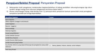 18
Pengajuan/Seleksi Proposal: Persyaratan Proposal
j) Melampirkan bukti pengalaman melaksanakan kegiatan/pelatihan di bidang pendidikan sekurang-kurangnya tiga tahun
terakhir, dengan mengsi form informasi sebagaimana tercantum dalam tabel 2.
k) Khusus untuk kategori kijang, tidak berlaku butir 1.j) petunjuk teknis penyaluran bantuan pemerintah untuk peningkatan
kompetensi pendidik dan tenaga kependidikan.
Identifikasi Kegiatan Uraian
Nama kegiatan
Waktu kegiatan (tanggal mulai/selesai)
Lokasi Kegiatan
Besaran anggaran
Peran lembaga
Deskripsi kegiatan
Inovasi yang dilakukan
Jumlah Sekolah Sasaran
Jumlah Guru Sasaran
Jumlah Peserta Didik Sasaran
Jumlah Personil yang Terlibat
Dua Kontak referensi yang dapat dihubungi atas pengalaman yang sudah
dilakukan
1. Nama, jabatan, instansi, alamat, nomor telepon
Hasil yang dicapai
 
