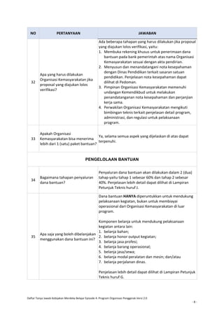 Daftar Tanya Jawab Kebijakan Merdeka Belajar Episode 4: Program Organisasi Penggerak Versi 2.0
- 8 -
NO PERTANYAAN JAWABAN
32
Apa yang harus dilakukan
Organisasi Kemasyarakatan jika
proposal yang diajukan lolos
verifikasi?
Ada beberapa tahapan yang harus dilakukan jika proposal
yang diajukan lolos verifikasi, yaitu:
1. Membuka rekening khusus untuk penerimaan dana
bantuan pada bank pemerintah atas nama Organisasi
Kemasyarakatan sesuai dengan akta pendirian.
2. Menyusun dan menandatangani nota kesepahaman
dengan Dinas Pendidikan terkait sasaran satuan
pendidikan. Penjelasan nota kesepahaman dapat
dilihat di Pedoman.
3. Pimpinan Organisasi Kemasyarakatan memenuhi
undangan Kemendikbud untuk melakukan
penandatanganan nota kesepahaman dan perjanjian
kerja sama.
4. Perwakilan Organisasi Kemasyarakatan mengikuti
bimbingan teknis terkait penjelasan detail program,
administrasi, dan regulasi untuk pelaksanaan
program.
33
Apakah Organisasi
Kemasyarakatan bisa menerima
lebih dari 1 (satu) paket bantuan?
Ya, selama semua aspek yang dijelaskan di atas dapat
terpenuhi.
PENGELOLAAN BANTUAN
34
Bagaimana tahapan penyaluran
dana bantuan?
Penyaluran dana bantuan akan dilakukan dalam 2 (dua)
tahap yaitu tahap 1 sebesar 60% dan tahap 2 sebesar
40%. Penjelasan lebih detail dapat dilihat di Lampiran
Petunjuk Teknis huruf J.
35
Apa saja yang boleh dibelanjakan
menggunakan dana bantuan ini?
Dana bantuan HANYA diperuntukkan untuk mendukung
pelaksanaan kegiatan, bukan untuk membiayai
operasional dari Organisasi Kemasyarakatan di luar
program.
Komponen belanja untuk mendukung pelaksanaan
kegiatan antara lain:
1. belanja bahan;
2. belanja honor output kegiatan;
3. belanja jasa profesi;
4. belanja barang operasional;
5. belanja jasa/sewa;
6. belanja modal peralatan dan mesin; dan/atau
7. belanja perjalanan dinas.
Penjelasan lebih detail dapat dilihat di Lampiran Petunjuk
Teknis huruf G.
 