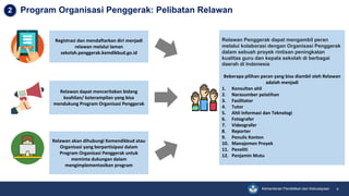 Kementerian Pendidikan dan Kebudayaan 8
Program Organisasi Penggerak: Pelibatan Relawan
Relawan akan dihubungi Kemendikbud atau
Organisasi yang berpartisipasi dalam
Program Organisasi Penggerak untuk
meminta dukungan dalam
mengimplementasikan program
Relawan Penggerak dapat mengambil peran
melalui kolaborasi dengan Organisasi Penggerak
dalam sebuah proyek rintisan peningkatan
kualitas guru dan kepala sekolah di berbagai
daerah di Indonesia
Beberapa pilihan peran yang bisa diambil oleh Relawan
adalah menjadi
1. Konsultan ahli
2. Narasumber pelatihan
3. Fasilitator
4. Tutor
5. Ahli Informasi dan Teknologi
6. Fotografer
7. Videografer
8. Reporter
9. Penulis Konten
10. Manajemen Proyek
11. Peneliti
12. Penjamin Mutu
Relawan dapat menceritakan bidang
keahlian/ keterampilan yang bisa
mendukung Program Organisasi Penggerak
Registrasi dan mendaftarkan diri menjadi
relawan melalui laman
sekolah.penggerak.kemdikbud.go.id
2
 