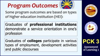 Program Outcomes
Some program outcomes are based on types
of higher education institution (HEI):
Graduates of professional institutions
demonstrate a service orientation in one’s
profession
Graduates of colleges participate in various
types of employment, development activities
and public discourses
 