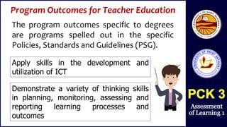 Program Outcomes for Teacher Education
The program outcomes specific to degrees
are programs spelled out in the specific
Policies, Standards and Guidelines (PSG).
Apply skills in the development and
utilization of ICT
Demonstrate a variety of thinking skills
in planning, monitoring, assessing and
reporting learning processes and
outcomes
 
