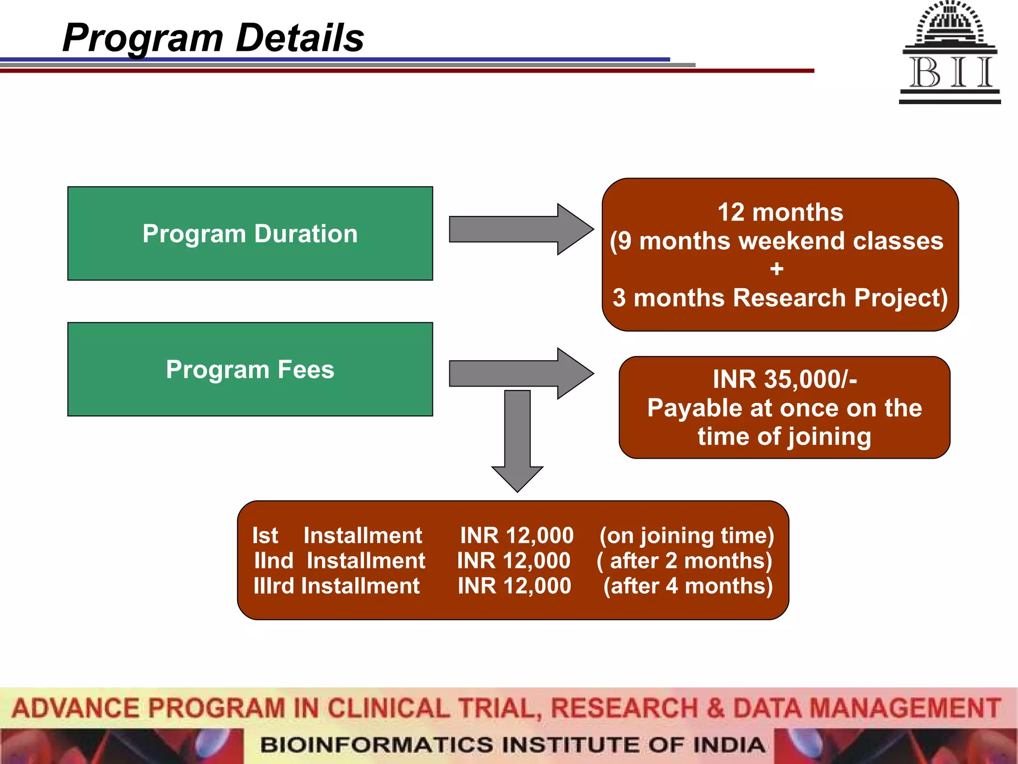 Program Details Program Duration 12 months (9 months weekend classes  +  3 months Research Project) Program Fees INR 35,000/- Payable at once on the time of joining Ist  Installment  INR 12,000  (on joining time) IInd  Installment  INR 12,000  ( after 2 months) IIIrd Installment  INR 12,000  (after 4 months) 