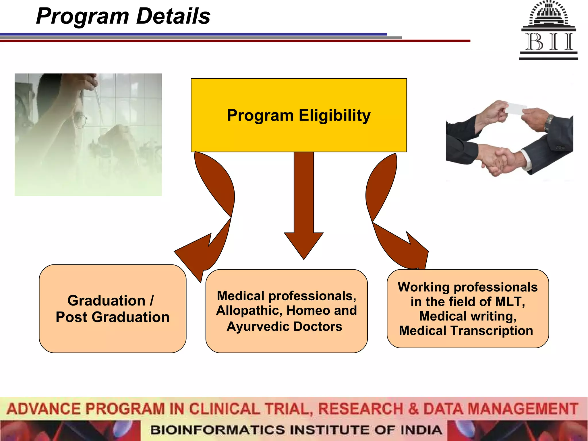Program Details Program Eligibility Graduation /  Post Graduation Medical professionals, Allopathic, Homeo and Ayurvedic Doctors   Working professionals in the field of MLT, Medical writing, Medical Transcription   