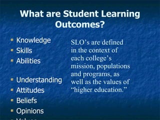 What are Student Learning Outcomes? Knowledge Skills Abilities  Understanding Attitudes Beliefs Opinions Values SLO’s are defined in the context of each college’s mission, populations and programs, as well as the values of “higher education.” 