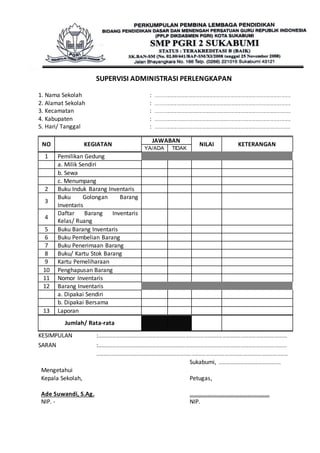 SUPERVISI ADMINISTRASI PERLENGKAPAN 
1. Nama Sekolah : ............................................................................................................................ 
2. Alamat Sekolah : ............................................................................................................................ 
3. Kecamatan : ............................................................................................................................ 
4. Kabupaten : ............................................................................................................................ 
5. Hari/ Tanggal : ............................................................................................................................ 
NO KEGIATAN 
JAWABAN 
NILAI KETERANGAN 
YA/ADA TIDAK 
1 Pemilikan Gedung 
a. Milik Sendiri 
b. Sewa 
c. Menumpang 
2 Buku Induk Barang Inventaris 
3 
Buku Golongan Barang 
Inventaris 
4 
Daftar Barang Inventaris 
Kelas/ Ruang 
5 Buku Barang Inventaris 
6 Buku Pembelian Barang 
7 Buku Penerimaan Barang 
8 Buku/ Kartu Stok Barang 
9 Kartu Pemeliharaan 
10 Penghapusan Barang 
11 Nomor Inventaris 
12 Barang Inventaris 
a. Dipakai Sendiri 
b. Dipakai Bersama 
13 Laporan 
Jumlah/ Rata-rata 
KESIMPULAN :………………………………………………………………………………………………………………………………………. 
SARAN :………………………………………………………………………………………………………………………………………. 
………………………………………………………………………………………………………………………………………… 
Mengetahui 
Kepala Sekolah, 
Ade Suwandi, S.Ag. 
NIP. - 
Sukabumi, ………………………………….........… 
Petugas, 
……………………………………………… 
NIP. 
 