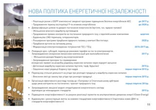НОВА ПОЛІТИКА ЕНЕРГЕТИЧНОЇ НЕЗАЛЕЖНОСТІ 
- Реалізація разом з ЄБРР комплексної зведеної програми підвищення безпеки енергоблоків АЕС до 2017 р. 
- Продовження терміну експлуатації 9-ти атомних енергоблоків до 2020 р. 
• Диверсифікація шляхів та джерел постачання енергоносіїв (вугілля, газ, ядерне паливо): 
- Збільшення власного видобутку вуглеводнів 
- Продовження прямих контрактів на постачання природного газу з європейськими компаніями щорічно 
- Будівництво LNG-терміналу, інтерконекторів. 
- Розширення програми придбання ядерного палива у компанії Вестінгхауз 2020 р. 
- Придбання вугілля на світовому ринку 
- Модернізація електрогенеруючих потужностей ТЕС / ТЕЦ 2015-2017 рр. 
• Ліквідація крос-субсидій, перехід до ринкових тарифів на газ та електроенергію. 
Запровадження синхронних механізмів компенсацій для малозабезпечених 2017 р. 
- Збільшення доходів бюджету від енергокомпаній. 
- Запровадження прозорих та справедливих 
конкурсних правил на розробку родовищ корисних копалин через відкриті аукціони 
- Детінізація видобутку корисних копалин (вугілля, торф, бурштин) 2015 р. 
- Ухвалення нової редакції Кодексу про надра перше півріччя 2015 р. 
• Перехід від спільної діяльності на угоди про розподіл продукції у видобутку корисних копалин 
- Внесення змін до закону про угоди про розподіл продукції перше півріччя 2015 р. 
• Організація ефективного розгляду позову до «Газпрому» в Стокгольмському арбітражі 
щодо умов контрактів на постачання і транзит природного газу перше півріччя 2016р. 
• Запровадження змішаної моделі оподаткування енергетичного сектору 
відповідно до міжнародних стандартів 2015 р. 
• Підвищення енергоефективності за рахунок реалізації проектів на альтернативних джерелах енергії (Clean Energy) 
• Будівництво і реконструкція житла за новими стандартами енергоефективності (підготовка нових ДБН та 
стандартів енергоефективності) 
11 
 