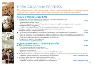 НОВА СОЦІАЛЬНА ПОЛІТИКА 
Скасування системи радянських пільг, трансформація системи охорони 
здоров’я та освіти, зростання зарплат при зростаючій економіці 
ЗМІНИ В СОЦІАЛЬНІЙ СФЕРІ 
• Справедливе пенсійне забезпечення, скасування системи спеціальних пенсій, 
перехід на єдиний принцип нарахування пенсій 2015 р. 
- Оподаткування високих пенсій 
- Розвиток недержавного пенсійного страхування, створення умов для запровадження накопичувальної 
системи пенсійного страхування 
- Розробка нової редакції Закону «Про загальнобов’язкове державне пенсійне страхування» 
• Ліквідація неефективних пільг. Перехід до адресності та монетизації пільг. 
Внесення змін до 25 актів законодавства 2016 р. 
• Об’єднання фондів державного соціального страхування та забезпення прозорості їх діяльності 2015 р. 
- Зміни до закону про загальнообов’язкове державне страхування від тимчасової втрати непрацездатності 
- Зміни до закону про загальнообов’язкове державне страхування від нещасних випадків на виробництві 
- Скорочення видатків на адміністрування фондів на 600 млн грн 
• Реформування трудового законодавства 
- ухвалення нового Трудового кодексу 2015 р. 
підвищення якості освіти в україні 
• Реалізація закону про вищу освіту 2016 р. 
- Нові правила акредитації та ліцензування 
- Незалежна система оцінки якості вищої освіти 
- Фінансова автономія ВНЗ 
- Відповідність державного замовлення реальним потребам ринку праці 
• Реформування дошкільної, позашкільної, середньої, професійно-технічної освіти згідно з європейськими стандартами 
- Ухвалення законів про освіту та про професійно-технічну освіту перша половина 2015 р. 
• Інтеграція науки та освіти, створення інноваційних парків, 
перехід до фінансування наукових досліджень на проектній основі 
- Ухвалення закону про наукову та науково-технічну діяльність перша половина 2015 р. 
12 
 