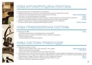 • Реалізація ухваленого антикорупційного законодавства 
• Створення Національного агентства з питань запобігання корупції як превентивного органу 
та Національного антикорупційного бюро як правоохоронного органу перша половина 2015 р. 
• Моніторинг способу життя державних службовців 2015 р. 
• Електронне декларування доходів і витрат чиновників, створення Єдиного реєстру декларацій чиновників 2015 р. 
Проведення перевірки державних чиновників відповідно до закону про очищення влади постійно 
• Відкриття інформації про кінцевих вигодоодержувачів юридичних осіб та інформації 
про зареєстровані права на нерухоме майно (майнові реєстри) з 2015 р. постійно 
• Реформування МВС 2015 р. 
- Концепція першочергових заходів реформування системи МВС: 
реалізація принципу «Служити та захищати» замість «Карати та кришувати» 
- Новий закон про поліцію 
- Створення Державного бюро розслідувань 
• Реформування судової системи 
- Ухвалення нової редакції Закону «Про судоустрій і статус суддів» перша половина 2015 р. 
- Забезпечення доступу до правосуддя 2015-2016 р. 
- Спрощений порядок розгляду цивільних та господарських справ 
• Ініціювання внесення змін до Конституції України щодо завершення судової реформи (запровадження триланкової системи 
судів, переатестація всіх суддів, зняття суддівської недоторканності, усунення політичного впливу на процеси добору, кар’єри 
та відповідальності суддів, оновлення судової системи та суддівського корпусу) 2016 р. 
• Повернення Верховному Суду України повноважень вищої судової інстанції 2016 р. 
- Внесення змін до всіх процесуальних кодексів 
5 
НОВА АНТИКОРУПЦІЙНА ПОЛІТИКА 
НОВА ПРАВООХОРОННА СИСТЕМА 
НОВА СИСТЕМА ПРАВОСУДДЯ 
 