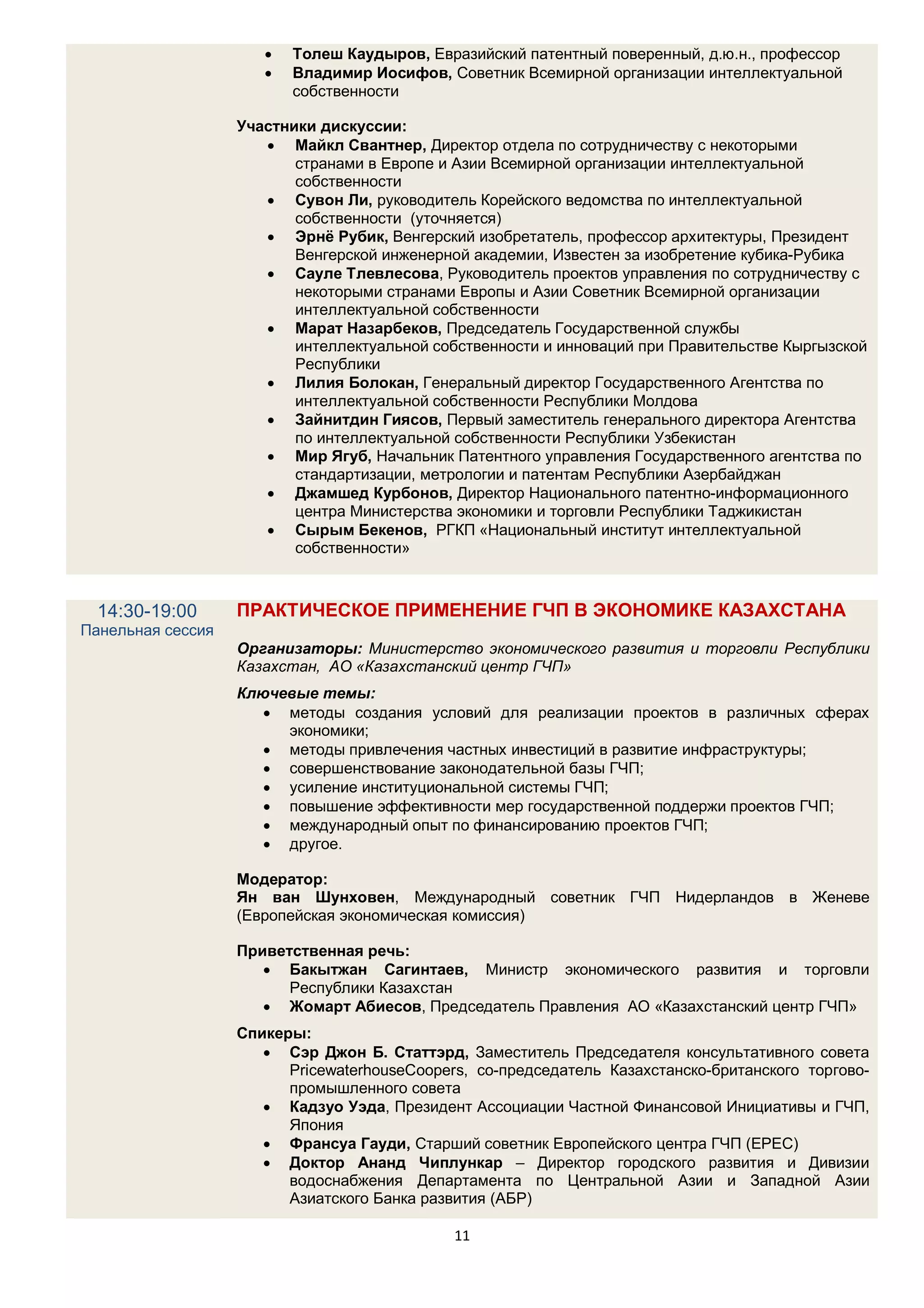   Толеш Каудыров, Евразийский патентный поверенный, д.ю.н., профессор
                         Владимир Иосифов, Советник Всемирной организации интеллектуальной
                          собственности

                   Участники дискуссии:
                       Майкл Свантнер, Директор отдела по сотрудничеству с некоторыми
                          странами в Европе и Азии Всемирной организации интеллектуальной
                          собственности
                       Сувон Ли, руководитель Корейского ведомства по интеллектуальной
                          собственности (уточняется)
                       Эрнё Рубик, Венгерский изобретатель, профессор архитектуры, Президент
                          Венгерской инженерной академии, Известен за изобретение кубика-Рубика
                       Сауле Тлевлесова, Руководитель проектов управления по сотрудничеству с
                          некоторыми странами Европы и Азии Советник Всемирной организации
                          интеллектуальной собственности
                       Марат Назарбеков, Председатель Государственной службы
                          интеллектуальной собственности и инноваций при Правительстве Кыргызской
                          Республики
                       Лилия Болокан, Генеральный директор Государственного Агентства по
                          интеллектуальной собственности Республики Молдова
                       Зайнитдин Гиясов, Первый заместитель генерального директора Агентства
                          по интеллектуальной собственности Республики Узбекистан
                       Мир Ягуб, Начальник Патентного управления Государственного агентства по
                          стандартизации, метрологии и патентам Республики Азербайджан
                       Джамшед Курбонов, Директор Национального патентно-информационного
                          центра Министерства экономики и торговли Республики Таджикистан
                       Сырым Бекенов, РГКП «Национальный институт интеллектуальной
                          собственности»



  14:30-19:00      ПРАКТИЧЕСКОЕ ПРИМЕНЕНИЕ ГЧП В ЭКОНОМИКЕ КАЗАХСТАНА
Панельная сессия
                   Организаторы: Министерство экономического развития и торговли Республики
                   Казахстан, АО «Казахстанский центр ГЧП»
                   Ключевые темы:
                       методы создания условий для реализации проектов в различных сферах
                        экономики;
                       методы привлечения частных инвестиций в развитие инфраструктуры;
                       совершенствование законодательной базы ГЧП;
                       усиление институциональной системы ГЧП;
                       повышение эффективности мер государственной поддержи проектов ГЧП;
                       международный опыт по финансированию проектов ГЧП;
                       другое.

                   Модератор:
                   Ян ван Шунховен, Международный советник ГЧП Нидерландов в Женеве
                   (Европейская экономическая комиссия)

                   Приветственная речь:
                       Бакытжан Сагинтаев, Министр экономического развития и торговли
                         Республики Казахстан
                       Жомарт Абиесов, Председатель Правления АО «Казахстанский центр ГЧП»
                   Спикеры:
                       Сэр Джон Б. Статтэрд, Заместитель Председателя консультативного совета
                         PricewaterhouseCoopers, со-председатель Казахстанско-британского торгово-
                         промышленного совета
                       Кадзуо Уэда, Президент Ассоциации Частной Финансовой Инициативы и ГЧП,
                         Япония
                       Франсуа Гауди, Старший советник Европейского центра ГЧП (EPEC)
                       Доктор Ананд Чиплункар – Директор городского развития и Дивизии
                         водоснабжения Департамента по Центральной Азии и Западной Азии
                         Азиатского Банка развития (АБР)

                                              11
 