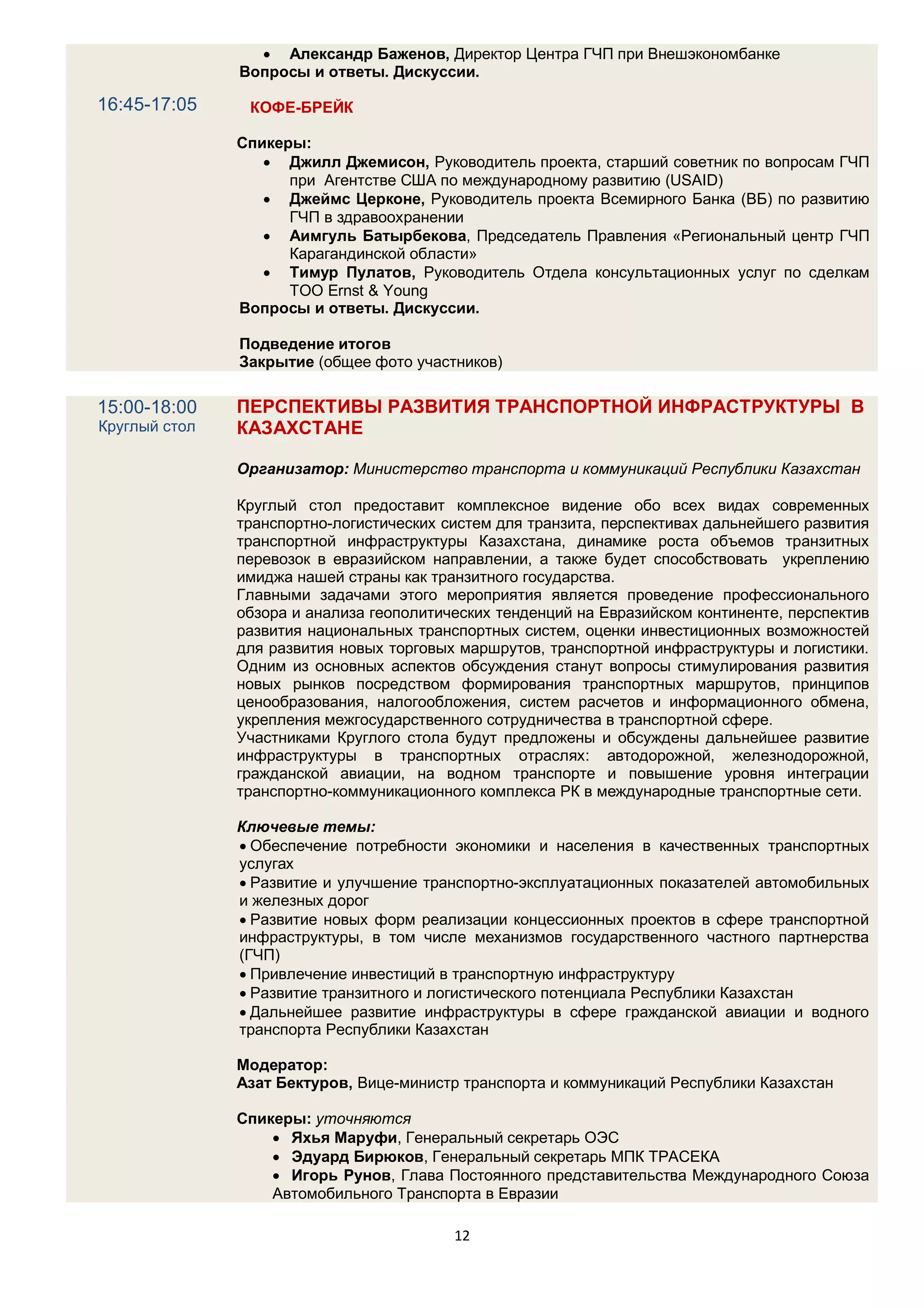  Александр Баженов, Директор Центра ГЧП при Внешэкономбанке
               Вопросы и ответы. Дискуссии.

16:45-17:05     КОФЕ-БРЕЙК

               Спикеры:
                   Джилл Джемисон, Руководитель проекта, старший советник по вопросам ГЧП
                     при Агентстве США по международному развитию (USAID)
                   Джеймс Церконе, Руководитель проекта Всемирного Банка (ВБ) по развитию
                     ГЧП в здравоохранении
                   Аимгуль Батырбекова, Председатель Правления «Региональный центр ГЧП
                     Карагандинской области»
                   Тимур Пулатов, Руководитель Отдела консультационных услуг по сделкам
                     ТОО Ernst & Young
               Вопросы и ответы. Дискуссии.

               Подведение итогов
               Закрытие (общее фото участников)

15:00-18:00    ПЕРСПЕКТИВЫ РАЗВИТИЯ ТРАНСПОРТНОЙ ИНФРАСТРУКТУРЫ В
Круглый стол   КАЗАХСТАНЕ

               Организатор: Министерство транспорта и коммуникаций Республики Казахстан

               Круглый стол предоставит комплексное видение обо всех видах современных
               транспортно-логистических систем для транзита, перспективах дальнейшего развития
               транспортной инфраструктуры Казахстана, динамике роста объемов транзитных
               перевозок в евразийском направлении, а также будет способствовать укреплению
               имиджа нашей страны как транзитного государства.
               Главными задачами этого мероприятия является проведение профессионального
               обзора и анализа геополитических тенденций на Евразийском континенте, перспектив
               развития национальных транспортных систем, оценки инвестиционных возможностей
               для развития новых торговых маршрутов, транспортной инфраструктуры и логистики.
               Одним из основных аспектов обсуждения станут вопросы стимулирования развития
               новых рынков посредством формирования транспортных маршрутов, принципов
               ценообразования, налогообложения, систем расчетов и информационного обмена,
               укрепления межгосударственного сотрудничества в транспортной сфере.
               Участниками Круглого стола будут предложены и обсуждены дальнейшее развитие
               инфраструктуры в транспортных отраслях: автодорожной, железнодорожной,
               гражданской авиации, на водном транспорте и повышение уровня интеграции
               транспортно-коммуникационного комплекса РК в международные транспортные сети.

               Ключевые темы:
                Обеспечение потребности экономики и населения в качественных транспортных
               услугах
                Развитие и улучшение транспортно-эксплуатационных показателей автомобильных
               и железных дорог
                Развитие новых форм реализации концессионных проектов в сфере транспортной
               инфраструктуры, в том числе механизмов государственного частного партнерства
               (ГЧП)
                Привлечение инвестиций в транспортную инфраструктуру
                Развитие транзитного и логистического потенциала Республики Казахстан
                Дальнейшее развитие инфраструктуры в сфере гражданской авиации и водного
               транспорта Республики Казахстан

               Модератор:
               Азат Бектуров, Вице-министр транспорта и коммуникаций Республики Казахстан

               Спикеры: уточняются
                    Яхья Маруфи, Генеральный секретарь ОЭС
                    Эдуард Бирюков, Генеральный секретарь МПК ТРАСЕКА
                    Игорь Рунов, Глава Постоянного представительства Международного Союза
                   Автомобильного Транспорта в Евразии

                                          12
 