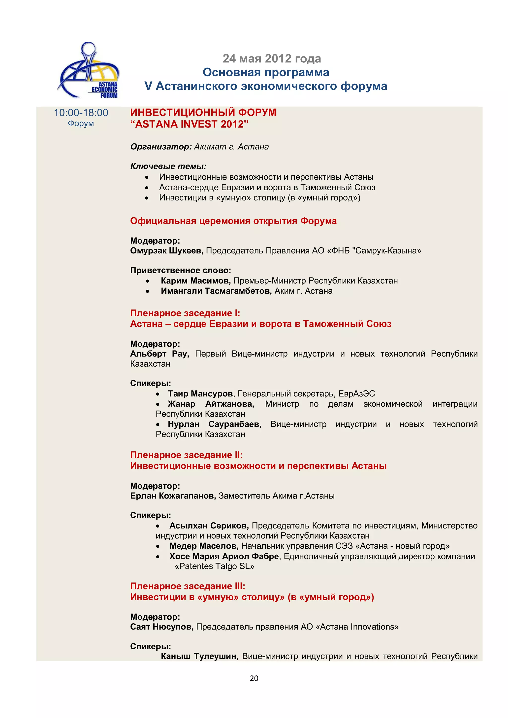 24 мая 2012 года
                          Основная программа
                 V Астанинского экономического форума

10:00-18:00   ИНВЕСТИЦИОННЫЙ ФОРУМ
  Форум       “ASTANA INVEST 2012”

              Организатор: Акимат г. Астана

              Ключевые темы:
                  Инвестиционные возможности и перспективы Астаны
                  Астана-сердце Евразии и ворота в Таможенный Союз
                  Инвестиции в «умную» столицу (в «умный город»)

              Официальная церемония открытия Форума

              Модератор:
              Омурзак Шукеев, Председатель Правления АО «ФНБ "Самрук-Казына»

              Приветственное слово:
                  Карим Масимов, Премьер-Министр Республики Казахстан
                  Имангали Тасмагамбетов, Аким г. Астана

              Пленарное заседание I:
              Астана – сердце Евразии и ворота в Таможенный Союз

              Модератор:
              Альберт Рау, Первый Вице-министр индустрии и новых технологий Республики
              Казахстан

              Спикеры:
                    Таир Мансуров, Генеральный секретарь, ЕврАзЭС
                    Жанар Айтжанова, Министр по делам экономической интеграции
                   Республики Казахстан
                    Нурлан Сауранбаев, Вице-министр индустрии и новых технологий
                   Республики Казахстан

              Пленарное заседание II:
              Инвестиционные возможности и перспективы Астаны

              Модератор:
              Ерлан Кожагапанов, Заместитель Акима г.Астаны

              Спикеры:
                    Асылхан Сериков, Председатель Комитета по инвестициям, Министерство
                   индустрии и новых технологий Республики Казахстан
                    Медер Маселов, Начальник управления СЭЗ «Астана - новый город»
                    Хосе Мария Ариол Фабре, Единоличный управляющий директор компании
                       «Patentes Talgo SL»

              Пленарное заседание III:
              Инвестиции в «умную» столицу» (в «умный город»)

              Модератор:
              Саят Нюсупов, Председатель правления АО «Астана Innovations»

              Спикеры:
                    Каныш Тулеушин, Вице-министр индустрии и новых технологий Республики

                                        20
 