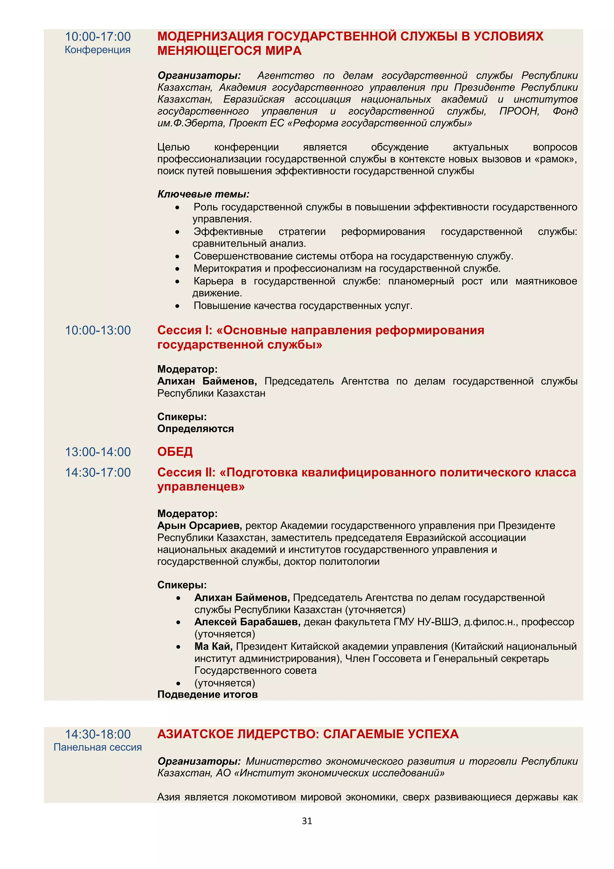 10:00-17:00      МОДЕРНИЗАЦИЯ ГОСУДАРСТВЕННОЙ СЛУЖБЫ В УСЛОВИЯХ
  Конференция      МЕНЯЮЩЕГОСЯ МИРА
                   Организаторы:     Агентство по делам государственной службы Республики
                   Казахстан, Академия государственного управления при Президенте Республики
                   Казахстан, Евразийская ассоциация национальных академий и институтов
                   государственного управления и государственной службы, ПРООН, Фонд
                   им.Ф.Эберта, Проект ЕС «Реформа государственной службы»

                   Целью      конференции    является      обсуждение     актуальных     вопросов
                   профессионализации государственной службы в контексте новых вызовов и «рамок»,
                   поиск путей повышения эффективности государственной службы

                   Ключевые темы:
                       Роль государственной службы в повышении эффективности государственного
                        управления.
                       Эффективные стратегии реформирования          государственной службы:
                        сравнительный анализ.
                       Совершенствование системы отбора на государственную службу.
                       Меритократия и профессионализм на государственной службе.
                       Карьера в государственной службе: планомерный рост или маятниковое
                        движение.
                       Повышение качества государственных услуг.

  10:00-13:00      Сессия I: «Основные направления реформирования
                   государственной службы»
                   Модератор:
                   Алихан Байменов, Председатель Агентства по делам государственной службы
                   Республики Казахстан

                   Спикеры:
                   Определяются

  13:00-14:00      ОБЕД
  14:30-17:00      Сессия IІ: «Подготовка квалифицированного политического класса
                   управленцев»

                   Модератор:
                   Арын Орсариев, ректор Академии государственного управления при Президенте
                   Республики Казахстан, заместитель председателя Евразийской ассоциации
                   национальных академий и институтов государственного управления и
                   государственной службы, доктор политологии

                   Спикеры:
                       Алихан Байменов, Председатель Агентства по делам государственной
                         службы Республики Казахстан (уточняется)
                       Алексей Барабашев, декан факультета ГМУ НУ-ВШЭ, д.филос.н., профессор
                         (уточняется)
                       Ма Кай, Президент Китайской академии управления (Китайский национальный
                         институт администрирования), Член Госсовета и Генеральный секретарь
                         Государственного совета
                       (уточняется)
                   Подведение итогов


  14:30-18:00      АЗИАТСКОЕ ЛИДЕРСТВО: СЛАГАЕМЫЕ УСПЕХА
Панельная сессия
                   Организаторы: Министерство экономического развития и торговли Республики
                   Казахстан, АО «Институт экономических исследований»

                   Азия является локомотивом мировой экономики, сверх развивающиеся державы как

                                             31
 