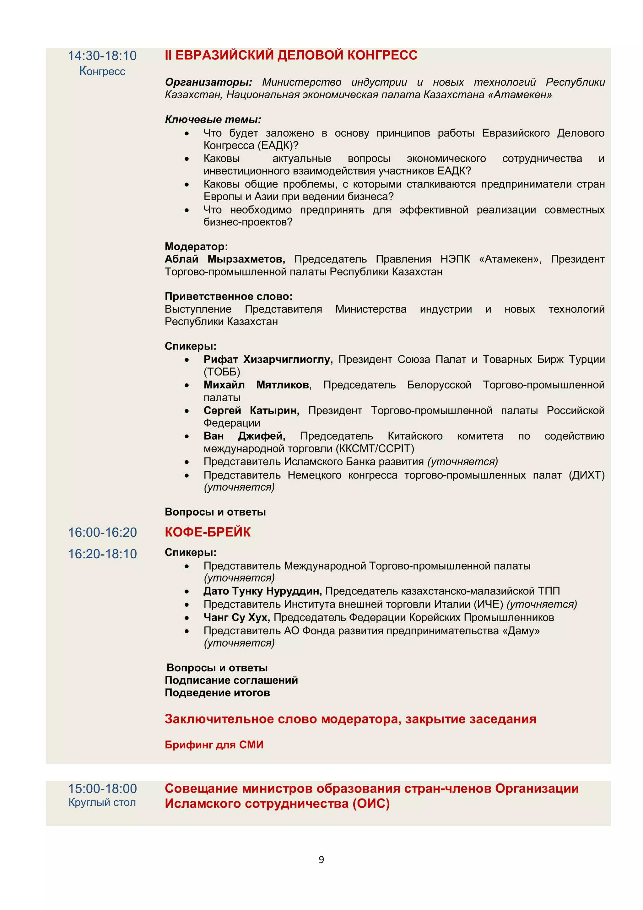 14:30-18:10    II ЕВРАЗИЙСКИЙ ДЕЛОВОЙ КОНГРЕСС
  Конгресс
               Организаторы: Министерство индустрии и новых технологий Республики
               Казахстан, Национальная экономическая палата Казахстана «Атамекен»

               Ключевые темы:
                   Что будет заложено в основу принципов работы Евразийского Делового
                     Конгресса (ЕАДК)?
                   Каковы        актуальные вопросы экономического сотрудничества и
                     инвестиционного взаимодействия участников ЕАДК?
                   Каковы общие проблемы, с которыми сталкиваются предприниматели стран
                     Европы и Азии при ведении бизнеса?
                   Что необходимо предпринять для эффективной реализации совместных
                     бизнес-проектов?

               Модератор:
               Аблай Мырзахметов, Председатель Правления НЭПК «Атамекен», Президент
               Торгово-промышленной палаты Республики Казахстан

               Приветственное слово:
               Выступление Представителя     Министерства   индустрии   и   новых   технологий
               Республики Казахстан

               Спикеры:
                   Рифат Хизарчиглиоглу, Президент Союза Палат и Товарных Бирж Турции
                     (ТОББ)
                   Михайл Мятликов, Председатель Белорусской Торгово-промышленной
                     палаты
                   Сергей Катырин, Президент Торгово-промышленной палаты Российской
                     Федерации
                   Ван Джифей, Председатель Китайского комитета по содействию
                     международной торговли (ККСМТ/CCPIT)
                   Представитель Исламского Банка развития (уточняется)
                   Представитель Немецкого конгресса торгово-промышленных палат (ДИХТ)
                     (уточняется)

               Вопросы и ответы
16:00-16:20    КОФЕ-БРЕЙК
16:20-18:10    Спикеры:
                   Представитель Международной Торгово-промышленной палаты
                     (уточняется)
                   Дато Тунку Нуруддин, Председатель казахстанско-малазийской ТПП
                   Представитель Института внешней торговли Италии (ИЧЕ) (уточняется)
                   Чанг Су Хух, Председатель Федерации Корейских Промышленников
                   Представитель АО Фонда развития предпринимательства «Даму»
                     (уточняется)

               Вопросы и ответы
               Подписание соглашений
               Подведение итогов

               Заключительное слово модератора, закрытие заседания
               Брифинг для СМИ



15:00-18:00    Совещание министров образования стран-членов Организации
Круглый стол   Исламского сотрудничества (ОИС)



                                         9
 