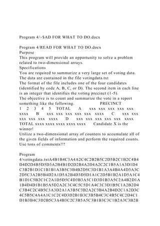 Program 4/~$AD FOR WHAT TO DO.docx
Program 4/READ FOR WHAT TO DO.docx
Purpose
This program will provide an opportunity to solve a problem
related to two-dimensional arrays.
Specifications
You are required to summarize a very large set of voting data.
The data are contained in the file votingdata.txt
The format of the file includes one of the four candidates
(identified by code A, B, C, or D). The second item in each line
is an integer that identifies the voting precinct (1-5).
The objective is to count and summarize the vote in a report
something like the following. PRECINCT
1 2 3 4 5 TOTAL A xxx xxx xxx xxx xxx
xxxx B xxx xxx xxx xxx xxx xxxx C xxx xxx
xxx xxx xxx xxxx D xxx xxx xxx xxx xxx xxxx
TOTAL xxxx xxxx xxxx xxxx xxxx Candidate X is the
winner!
Utilize a two-dimensional array of counters to accumulate all of
the given fields of information and perform the required counts.
Use tons of comments!!!
Program
4/votingdata.txtA4B1B4C3A4A2C4C2B2B5C2D5B2C1B2C4B4
D4D2D4B5D5D3A2B4B1D2D2B4A2D4A2C2C1B5A1A3D1D4
C3B2B1D1C1B1B1A3B5C3B4B2D5C3D1B1A3A4B4A4D3A3C
2D5C3A2B5B4D2A1D5A2B4D3D5D1A1C2D5B1B2A1D5A1C4
B1D1C5B2C1C2A1D5D5C4D3B3A5C1D3D1B3A5C2A4B2D1A
1B4D4D1B1B5A5D2A2C3C4C5C5D1A4C3C3D1B5C1A2B2D4
C3B4C2C4B5C3A3D2A1A3B5C3B2A2C3B4A2B4D2C1A2D3C
4C5B5C4A4A1C1C2C4D3D2B1B3C3B5B4C3C4B5C4C2D4C1
D1B3B4C3D2B5C3A4B3C2C3B5A5C3B1B3C3C1B2A3C3B2B
 