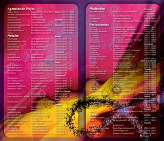 Agencias de Viajes                                                                        Haciendas                                                              Terrenate
Apizaco Travel                    Av. Cuauhtemoc Norte 409 A Apizaco (241) 41 7 46 86     San Pedro Tenexac           Km. 5 Carr. San Fco. Teometitlán           0452471033691
Servicios Turísticos del Centro   Av. Morelos Sur                      (241) 41 7 95 59                                                                             Huamantla
                                                                                          Tecoac                      Hda. San Francisco Tecoac                  (247) 47 2 28 63
Viajes Velmo                      Av. Morelos 509                      (241) 41 7 80 48
                                                                                          Casa Malinche               Pueblo de Chapultepec                      (246) 46 6 85 83
Tlaxcala Extremo                  Guerrero Norte 103          Huamantla(247) 47 2 28 59
                                                                                          La Laguna                   Carr. Federal Apizaco-Lázaro Cardenas      (222) 21 9 59 89
Viajes Huamantla                  Victoria Norte 102-A                 (247) 47 2 66 11
Consorcio Operador de Viajes      Av. Independencia No. 25-B  Tlaxcala (246) 46 6 44 05   Restaurantes                                                            Apizaco
El Jardín del Viaje               Prol. Xicohténcatl 6-A               (246) 46 6 83 98   Antonio´s                   Cuauhtémoc 302, Col. Centro                 (241) 41 7 00 32
Grupo Travel Tlaxcala             Blvd. Revolución 1, Local 5          (246) 46 2 08 64   Che Gardell                 Lardizábal 1308, Esq. 2 de Abril            (241) 41 7 91 77
                                                                                          El Chacuaco de Apizaco      20 de Agosto 2404                           (241) 41 8 21 75
Viamex                            Diego Muñoz Camargo 5 B              (246) 46 8 56 23   La Aceituna                 Venustiano Carranza 104, Hotel La Posada (241) 41 7 08 15
Hoteles                                                       Apizaco                     La Mexicana
                                                                                          Los Arrecifes
                                                                                                                      Francisco I. Madero 1116
                                                                                                                      2 De Abril 1003
                                                                                                                                                                  (241) 41 7 04 92
                                                                                                                                                                  (241) 41 7 94 54
Hotel Grysell                     16 de Septiembre 1912       (241) 41 7 50 84   3*
                                                                                          Los Candiles                Jesús Carranza 1909, Hotel Del Angel        (241) 41 7 68 00
Hotel Restaurante 1904            16 de Septiembre 2107       (241) 41 7 82 49   3*       Mariquita Mía               Av. Ignacio Zaragoza 500,                   (241) 41 7 77 75
Hotel Uptón                       Juárez No. 606 B            (241) 41 7 58 55   3*                                                                               Huamantla
Hotel La Posada                   16 de Septiembre 911        (241) 41 7 08 15   4*       Café La Gloria              Hidalgo Poniente 202 B                      (247) 47 2 27 80
                                                                                          El Herradero                Av. Juárez 209                              (247) 47 2 05 87
Hotel del Ángel                   Jesús Carranza 1909         (241) 41 7 68 00   5*
                                                                                          La Cabaña                   Carr. Perimetral Km. 10, C.V. Malintzi      (241) 1 00 39 95
                                                              Huamantla                   Café Bunte                  Hidalgo Poniente 215                        (247) 47 2 72 88
Centenario                    Juárez Norte 209                (247) 47 2 05 87   3*       El Samborcito               Roberto Covarrubias 202                     (247) 47 1 31 64
Hotel del Parque              Parque Juárez 9                 (247) 47 2 26 26   2*       Huamantla (Pez Globo)       Av. Roberto Covarrubias 103
                                                                                          Churrería Las Duyas         Hidalgo Poniente 508                        (247) 47 2 30 42
Hacienda Soltepec             Km. 3 Carr. Huamantla-Puebla (247) 47 2 14 66      5*
                                                                                                                                                              Santa Cruz Tlaxcala
                                                              Totolac                     La Fábrica                  Interior C.V. La Trinidad                   (246) 46 1 07 00
Hotel El Refugio              Autop. Apiz–Tex. Km 33.3        (246) 46 2 24 91   3*       Bompet                      Calle Emilio Carranza 36                    (246) 46 1 03 35
Hotel Real Malintzi           Carretera Federal a México 19 (246) 46 8 52 94     3*       El Chacuaco                 Interior C.V. La Trinidad                   (246) 46 1 07 00
                                                                                                                                                                  Tlaxcala
Hotel Real Tlaxcala           Av. Leonarda Gómez Blanco 37 (246) 46 2 44 49      3*
                                                                                          Comida Japonesa “Aki”       Blvd. Guillermo Valle 66 Local AT2          (246) 46 6 57 25
Hotel Aries                   Av. Tlahuicole 62               (246) 46 2 11 05            El Fogón de Rosendo         Juárez 1                                    (246) 46 8 24 80
                                                              Chiautempan                 El Tirol                    Indepencia 7                                (246) 46 2 37 54
Hotel Picasso                 Ignacio Picazo Norte 71         (246) 46 4 05 14   2*       El Tablao                   Independencia 1, Local 3                    (246) 1 11 07 26
                                                                                          La Tlaxcalteca              Plaza Xicohténcatl 2                        (246) 46 2 22 75
Gran Hotel La Fuente          Margaritas 14, Col. Industrial (246) 14 4 09 83    2*
                                                                                          Las Palapas                 Libram. Politécnico Nacional 12             (246) 46 6 75 53
Hotel HB Express              Prol. Díaz Varela 181A          (246) 46 4 76 81   2*       Los Portales                Portal Hidalgo 8                            (246) 46 2 54 19
Hotel Oxnard California       Blvd. Díaz Varela 84            (246) 46 4 06 17   2        Vinos y Piedra              Plaza de la Constitución 19                 (246) 46 6 21 57
Hotel María Isabel            Díaz Varela 5                    (246) 46 4 25 90  4        Natural Vip                 Av. Juárez 17-2                             (246) 46 2 28 28
                                                                                          Cafeteria Delitzia          Plaza de la Constitución 14                 (246) 46 6 38 88
                                                              Santa Cruz Tlaxcala
                                                                                                                                                             San Luis Teolocholco
El Antiguo Correo             Emilio Carranza 34              (246) 46 1 25 27   1*       Restaurante Café Malintzi   Plaza Principal S/N                         (246) 46 1 65 44
Centro Vacacional La Trinidad Av. Del Trabajo S/N             (246) 46 1 07 00   4*                                                                               Totolac
                                                              Tetla                       Las Cazuelas de Tlaxcala    Km. 20+850 Autopista San Martín-Tlaxcala (246) 46 2 50 02
                                                                                                                                                                  Yauquemecan
Hotel El Molino               Carr. Apizaco-Tlaxco Km.2 No.81A(241) 107 23 26    4*
                                                                                          Las Caballerizas            Quinta Sección 98                           (246) 46 1 07 13
                                                              Tlaxcala                    Campestre Atlihuetzía       Cuatro Señorios 5-A                         (246) 46 1 25 45
Hosteria de Xicohténcatl      Portal Hidalgo 10               (246) 46 6 33 22   2*       La Cascada                  Interior Hotel Misión Tlaxcala              (246) 46 1 00 00
Hotel Alifer                  Morelos 11                      (246) 46 2 56 78   3*                                                                               Xalostoc
                                                                                          Malintzi                    Km. 128+100 Carr. Zacatepec-Los Reyes (241) 41 3 14 70
Hotel de La Loma              Guerrero 58, Col. Centro        (246) 46 2 04 24   3*
La Casona de Cortes           Lardizábal 6, Col. Centro       (246) 46 2 20 42   3*       Bares                                                                  Apizaco
Hotel Señorial                Av. Juárez 22                   (246) 46 6 77 34   3*       Video Bar El Quijote        Blvd. 16 de Septiembre 508 Altos           (241) 41 7 60 54
Hotel Quinta San Clemente     Prol. Av. Independencia 58      (246) 46 2 19 89   3*       Vasha                       16 de Septiembre 305                       (241) 41 7 04 19
Hotel Mesón del Rey           Calle 3 No. 1009                (246) 46 2 90 55   3*                                                                              Tlaxcala
Hotel Zurbarán                Av. Independencia 52 A          (246) 46 2 98 38   3*       El Greko                    Porfirio Díaz 2
Hotel Jeroc’s                 Blvd. Revolución 4 Bis          (246) 46 2 17 16   4*       La Cantina de Los Amigos    Jardín Plaza Xicohténcatl 6 A              (246) 45 8 73 97
Hotel Real del Lago           Av. de los Deportes 15          (246) 46 2 03 99   2*       Las Ventas                  Portal Hidalgo 10 D                        (246) 46 2 35 44
Hotel Misión San Francisco    Plaza de la Constitución 17     (246) 46 2 60 22   5*       Rancho Seco                 Plaza de La Constitución 17                (246) 46 2 60 22
 