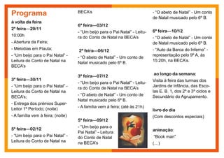 Programa                           BECA’s                                   - “O abeto de Natal” - Um conto
                                                                            de Natal musicado pelo 6º B.
à volta da feira
                                   6ª feira—03/12
2ª feira—29/11
                                   - “Um beijo para o Pai Natal” - Leitu-   6ª feira—10/12
10:00h                             ra do Conto de Natal na BECA’s           - “O abeto de Natal” - Um conto
- Abertura da Feira;                                                        de Natal musicado pelo 6º B.
- Melodias em Flauta;              2ª feira—06/12                           - “Auto da Barca do Inferno” -
- “Um beijo para o Pai Natal” -                                             representação pelo 9º A, às
                                   - “O abeto de Natal” - Um conto de
Leitura do Conto de Natal na                                                15:20h, na BECA’s.
                                   Natal musicado pelo 6º B.
BECA’s
                                                                            ao longo da semana:
                                   3ª feira—07/12
3ª feira—30/11                                                              Visita à feira das turmas dos
                                   - “Um beijo para o Pai Natal” - Leitu-
- “Um beijo para o Pai Natal” -                                             Jardins de Infância, das Esco-
                                   ra do Conto de Natal na BECA’s
Leitura do Conto de Natal na                                                las E. B. 1, dos 2º e 3º ciclos e
BECA’s;                            - “O abeto de Natal” - Um conto de       Secundário do Agrupamento.
                                   Natal musicado pelo 6º B.
- Entrega dos prémios Super-
Leitor 1º Período; (noite)         - A família vem à feira; (até às 21h)
                                                                            livro do dia
- A família vem à feira; (noite)                                            (Com descontos especiais)
                                   5ª feira—09/12
                                   - “Um beijo para o
5ª feira—02/12                                                              animação:
                                   Pai Natal” - Leitura
- “Um beijo para o Pai Natal” -    do Conto de Natal                        “Book man”
Leitura do Conto de Natal na       na BECA’s                                (…)
 
