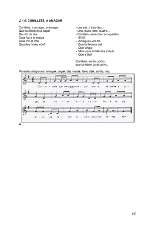 ♫ 1.6. CONILLETS, A AMAGAR

Conillets, a amagar, a amagar,            - Les set.../ Les deu...
Que la llebre és a caçar                  - Una, dues, tres, quatre,...
De nit i de dia                           - Conillets, esteu ben amagadets
Cala foc a la masia                       - Sííííí!
Cala foc al forn                          - Amagueu-vos bé
Quantes hores són?                          Que la llebreta ve!
                                          - Que vingui
                                          - Mireu que la llebreta s’alça!
                                          - Que s’alci!

                                           Conillets, sortiu, sortiu
                                           que la llebre ja és al niu.

Paraules màgiques: amagar, caçar, dia, masia, forn, són, sortiu, niu.




♫




                                                                             147
 