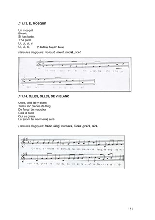 ♫ 1.13. EL MOSQUIT

Un mosquit
Eixerit
Si has badat
T’ha picat
Ui, ui, ai, ai
Ui, ui, ai.      (F. Bofill, A. Puig i F. Serra)

Paraules màgiques: mosquit, eixerit, badat, picat.




♫ 1.14. OLLES, OLLES, DE VI BLANC

Olles, olles de vi blanc
Totes són plenes de fang,
De fang i de maduixa,
Gira la cuixa
Qui es girarà
La (nom del nen/nena) serà

Paraules màgiques: blanc, fang, maduixa, cuixa, girarà, serà.




                                                                151
 