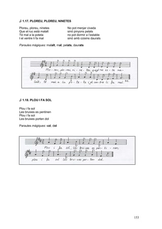 ♫ 1.17. PLOREU, PLOREU, NINETES

Ploreu, ploreu, ninetes            No pot menjar civada
Que el ruc està malalt             sinó pinyons pelats
Té mal a la poteta                 no pot dormir a l’estable
I el ventre li fa mal              sinó amb coixins daurats

Paraules màgiques: malalt, mal, pelats, daurats




♫ 1.18. PLOU I FA SOL

Plou i fa sol
Les bruixes es pentinen
Plou i fa sol
Les bruixes porten dol

Paraules màgiques: sol, dol




                                                               153
 