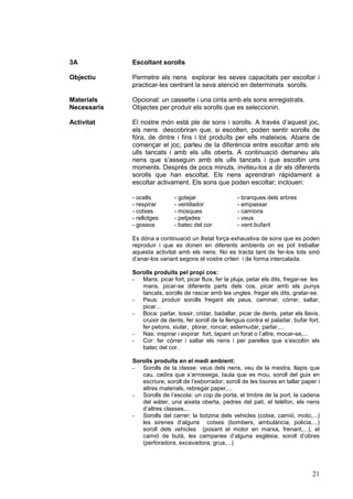 3A           Escoltant sorolls

Objectiu     Permetre als nens explorar les seves capacitats per escoltar i
             practicar-les centrant la seva atenció en determinats sorolls.

Materials    Opcional: un cassette i una cinta amb els sons enregistrats.
Necessaris   Objectes per produir els sorolls que es seleccionin.

Activitat    El nostre món està ple de sons i sorolls. A través d’aquest joc,
             els nens descobriran que, si escolten, poden sentir sorolls de
             fóra, de dintre i fins i tot produïts per ells mateixos. Abans de
             començar el joc, parleu de la diferència entre escoltar amb els
             ulls tancats i amb els ulls oberts. A continuació demaneu als
             nens que s’asseguin amb els ulls tancats i que escoltin uns
             moments. Després de pocs minuts, inviteu-los a dir els diferents
             sorolls que han escoltat. Els nens aprendran ràpidament a
             escoltar activament. Els sons que poden escoltar; inclouen:

             - ocells         - gotejar                - branques dels arbres
             - respirar       - ventilador             - empassar
             - cotxes         - mosques                - camions
             - rellotges      - petjades               - veus
             - gossos         - batec del cor          - vent bufant

             Es dóna a continuació un llistat força exhaustiva de sons que es poden
             reproduir i que es donen en diferents ambients on es pot treballar
             aquesta activitat amb els nens. No es tracta tant de fer-los tots sinó
             d’anar-los variant segons el vostre criteri i de forma intercalada.

             Sorolls produïts pel propi cos:
             - Mans: picar fort, picar fluix, fer la pluja, petar els dits, fregar-se les
                mans, picar-se diferents parts dels cos, picar amb els punys
                tancats, sorolls de rascar amb les ungles, fregar els dits, gratar-se.
             - Peus: produir sorolls fregant els peus, caminar, córrer, saltar,
                picar...
             - Boca: parlar, tossir, cridar, badallar, picar de dents, petar els llavis,
                cruixir de dents, fer soroll de la llengua contra el paladar, bufar fort,
                fer petons, xiular, plorar, roncar, esternudar, parlar,...
             - Nas: inspirar i expirar fort, tapant un forat o l’altre, mocar-se,...
             - Cor: fer córrer i saltar els nens i per parelles que s’escoltin els
                batec del cor.

             Sorolls produïts en el medi ambient:
             - Sorolls de la classe: veus dels nens, veu de la mestra, llapis que
                cau, cadira que s’arrossega, taula que es mou, soroll del guix en
                escriure, soroll de l’esborrador, soroll de les tisores en tallar paper i
                altres materials, rebregar paper,...
             - Sorolls de l’escola: un cop de porta, el timbre de la port, la cadena
                del wàter, una aixeta oberta, pedres del pati, el telèfon, els nens
                d’altres classes,...
             - Sorolls del carrer: la botzina dels vehicles (cotxe, camió, moto,...)
                les sirenes d’alguns cotxes (bombers, ambulància, policia,...)
                soroll dels vehicles (posant el motor en marxa, frenant,...), el
                camió de butà, les campanes d’alguna església, soroll d’obres
                (perforadora, excavadora, grua,...)




                                                                                      21
 