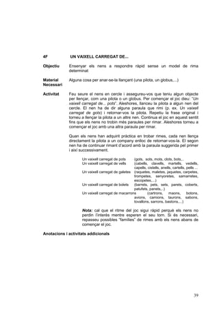 4F            UN VAIXELL CARREGAT DE...

Objectiu     Ensenyar els nens a respondre ràpid sense un model de rima
             determinat

Material     Alguna cosa per anar-se-la llançant (una pilota, un globus,...)
Necessari

Activitat    Feu seure el nens en cercle i assegureu-vos que teniu algun objecte
             per llençar, com una pilota o un globus. Per començar el joc dieu: “Un
             vaixell carregat de... pots”. Aleshores, llanceu la pilota a algun nen del
             cercle. El nen ha de dir alguna paraula que rimi (p. ex. Un vaixell
             carregat de gots) i retornar-vos la pilota. Repetiu la frase original i
             torneu a llençar la pilota a un altre nen. Continua el joc en aquest sentit
             fins que els nens no trobin més paraules per rimar. Aleshores torneu a
             començar el joc amb una altra paraula per rimar.

             Quan els nens han adquirit pràctica en trobar rimes, cada nen llença
             directament la pilota a un company enlloc de retornar-vos-la. El segon
             nen ha de continuar rimant d’acord amb la paraula suggerida pel primer
             i així successivament.

                    Un vaixell carregat de pots    (gots, sots, mots, clots, bots,..
                    Un vaixell carregat de vells   (cabells, clavells, martells, vedells,
                                                   capells, cistells, anells, cartells, pells ...
                    Un vaixell carregat de galetes (raquetes, maletes, jaquetes, carpetes,
                                                   trompetes, senyoretes, samarretes,
                                                   escopetes,...)
                    Un vaixell carregat de bolets  (barrets, pets, sets, parets, coberts,
                                                   patufets, panets,..)
                    Un vaixell carregat de macarrons        (cartrons,     maons,       botons,
                                                   avions, camions, taurons, sabons,
                                                   tovallons, sarrons, bastons,...)

                    Nota: cal que el ritme del joc sigui ràpid perquè els nens no
                    perdin l’interès mentre esperen el seu torn. Si és necessari,
                    repasseu possibles “famílies” de rimes amb els nens abans de
                    començar el joc.

Anotacions i activitats addicionals




                                                                                              39
 