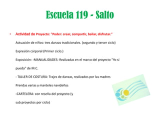 Escuela 119 - Salto
•   Actividad de Proyecto: "Poder: crear, compartir, bailar, disfrutar."

    Actuación de niños: tres danzas tradicionales. (segundo y tercer ciclo)

    Expresión corporal (Primer ciclo.)

    Exposición: -MANUALIDADES: Realizadas en el marco del proyecto "Yo sí

    puedo" de M.C.

    - TALLER DE COSTURA: Trajes de danzas, realizados por las madres

    Prendas varias y manteles navideños

    -CARTELERA: con reseña del proyecto (y

    sub proyectos por ciclo)
 