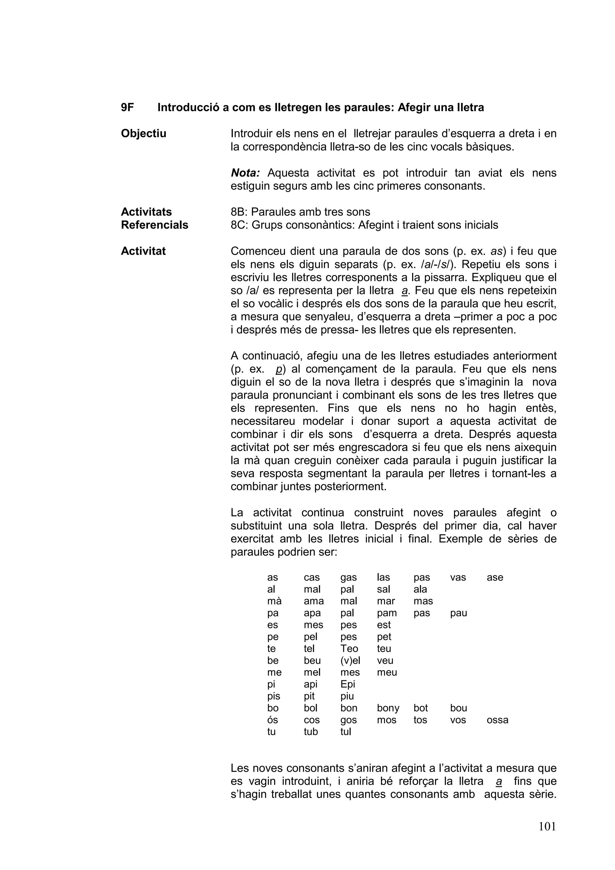 9F     Introducció a com es lletregen les paraules: Afegir una lletra

Objectiu            Introduir els nens en el lletrejar paraules d’esquerra a dreta i en
                    la correspondència lletra-so de les cinc vocals bàsiques.

                    Nota: Aquesta activitat es pot introduir tan aviat els nens
                    estiguin segurs amb les cinc primeres consonants.

Activitats          8B: Paraules amb tres sons
Referencials        8C: Grups consonàntics: Afegint i traient sons inicials

Activitat           Comenceu dient una paraula de dos sons (p. ex. as) i feu que
                    els nens els diguin separats (p. ex. /a/-/s/). Repetiu els sons i
                    escriviu les lletres corresponents a la pissarra. Expliqueu que el
                    so /a/ es representa per la lletra a. Feu que els nens repeteixin
                    el so vocàlic i després els dos sons de la paraula que heu escrit,
                    a mesura que senyaleu, d’esquerra a dreta –primer a poc a poc
                    i després més de pressa- les lletres que els representen.

                    A continuació, afegiu una de les lletres estudiades anteriorment
                    (p. ex. p) al començament de la paraula. Feu que els nens
                    diguin el so de la nova lletra i després que s’imaginin la nova
                    paraula pronunciant i combinant els sons de les tres lletres que
                    els representen. Fins que els nens no ho hagin entès,
                    necessitareu modelar i donar suport a aquesta activitat de
                    combinar i dir els sons d’esquerra a dreta. Després aquesta
                    activitat pot ser més engrescadora si feu que els nens aixequin
                    la mà quan creguin conèixer cada paraula i puguin justificar la
                    seva resposta segmentant la paraula per lletres i tornant-les a
                    combinar juntes posteriorment.

                    La activitat continua construint noves paraules afegint o
                    substituint una sola lletra. Després del primer dia, cal haver
                    exercitat amb les lletres inicial i final. Exemple de sèries de
                    paraules podrien ser:

                           as      cas    gas     las    pas     vas    ase
                           al      mal    pal     sal    ala
                           mà      ama    mal     mar    mas
                           pa      apa    pal     pam    pas     pau
                           es      mes    pes     est
                           pe      pel    pes     pet
                           te      tel    Teo     teu
                           be      beu    (v)el   veu
                           me      mel    mes     meu
                           pi      api    Epi
                           pis     pit    piu
                           bo      bol    bon     bony   bot     bou
                           ós      cos    gos     mos    tos     vos    ossa
                           tu      tub    tul


                    Les noves consonants s’aniran afegint a l’activitat a mesura que
                    es vagin introduint, i aniria bé reforçar la lletra a fins que
                    s’hagin treballat unes quantes consonants amb aquesta sèrie.

                                                                                   101
 