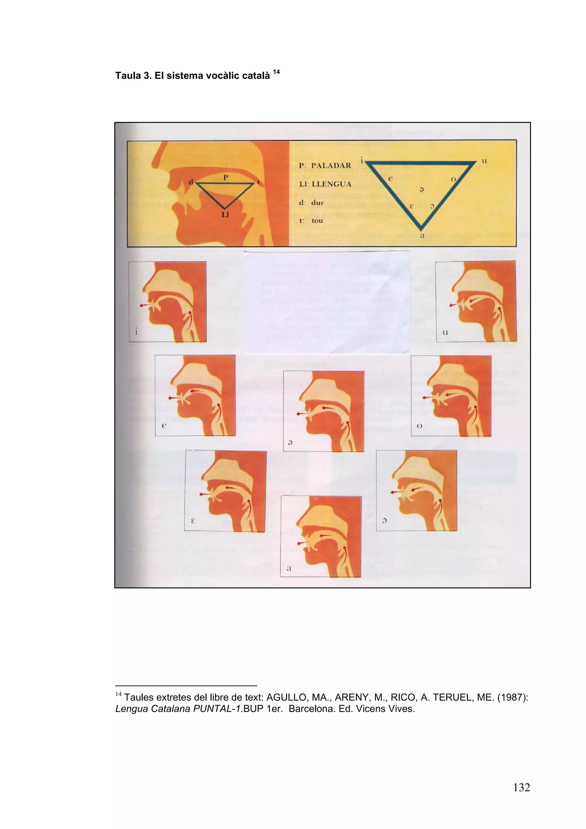 14
Taula 3. El sistema vocàlic català




14
  Taules extretes del libre de text: AGULLO, MA., ARENY, M., RICO, A. TERUEL, ME. (1987):
Lengua Catalana PUNTAL-1.BUP 1er. Barcelona. Ed. Vicens Vives.




                                                                                     132
 