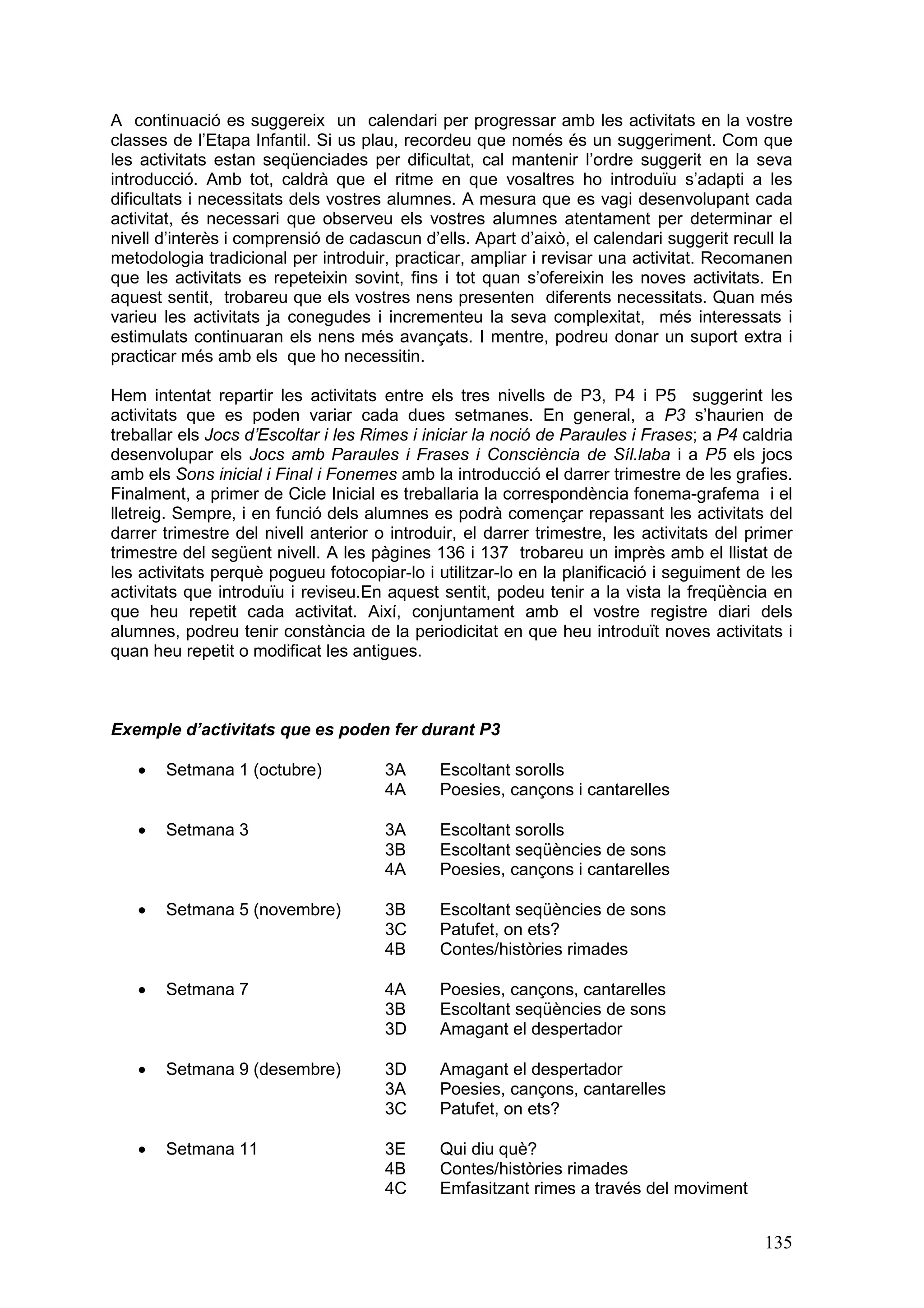 A continuació es suggereix un calendari per progressar amb les activitats en la vostre
classes de l’Etapa Infantil. Si us plau, recordeu que només és un suggeriment. Com que
les activitats estan seqüenciades per dificultat, cal mantenir l’ordre suggerit en la seva
introducció. Amb tot, caldrà que el ritme en que vosaltres ho introduïu s’adapti a les
dificultats i necessitats dels vostres alumnes. A mesura que es vagi desenvolupant cada
activitat, és necessari que observeu els vostres alumnes atentament per determinar el
nivell d’interès i comprensió de cadascun d’ells. Apart d’això, el calendari suggerit recull la
metodologia tradicional per introduir, practicar, ampliar i revisar una activitat. Recomanen
que les activitats es repeteixin sovint, fins i tot quan s’ofereixin les noves activitats. En
aquest sentit, trobareu que els vostres nens presenten diferents necessitats. Quan més
varieu les activitats ja conegudes i incrementeu la seva complexitat, més interessats i
estimulats continuaran els nens més avançats. I mentre, podreu donar un suport extra i
practicar més amb els que ho necessitin.

Hem intentat repartir les activitats entre els tres nivells de P3, P4 i P5 suggerint les
activitats que es poden variar cada dues setmanes. En general, a P3 s’haurien de
treballar els Jocs d’Escoltar i les Rimes i iniciar la noció de Paraules i Frases; a P4 caldria
desenvolupar els Jocs amb Paraules i Frases i Consciència de Síl.laba i a P5 els jocs
amb els Sons inicial i Final i Fonemes amb la introducció el darrer trimestre de les grafies.
Finalment, a primer de Cicle Inicial es treballaria la correspondència fonema-grafema i el
lletreig. Sempre, i en funció dels alumnes es podrà començar repassant les activitats del
darrer trimestre del nivell anterior o introduir, el darrer trimestre, les activitats del primer
trimestre del següent nivell. A les pàgines 136 i 137 trobareu un imprès amb el llistat de
les activitats perquè pogueu fotocopiar-lo i utilitzar-lo en la planificació i seguiment de les
activitats que introduïu i reviseu.En aquest sentit, podeu tenir a la vista la freqüència en
que heu repetit cada activitat. Així, conjuntament amb el vostre registre diari dels
alumnes, podreu tenir constància de la periodicitat en que heu introduït noves activitats i
quan heu repetit o modificat les antigues.



Exemple d’activitats que es poden fer durant P3

   ·   Setmana 1 (octubre)            3A      Escoltant sorolls
                                      4A      Poesies, cançons i cantarelles

   ·   Setmana 3                      3A      Escoltant sorolls
                                      3B      Escoltant seqüències de sons
                                      4A      Poesies, cançons i cantarelles

   ·   Setmana 5 (novembre)           3B      Escoltant seqüències de sons
                                      3C      Patufet, on ets?
                                      4B      Contes/històries rimades

   ·   Setmana 7                      4A      Poesies, cançons, cantarelles
                                      3B      Escoltant seqüències de sons
                                      3D      Amagant el despertador

   ·   Setmana 9 (desembre)           3D      Amagant el despertador
                                      3A      Poesies, cançons, cantarelles
                                      3C      Patufet, on ets?

   ·   Setmana 11                     3E      Qui diu què?
                                      4B      Contes/històries rimades
                                      4C      Emfasitzant rimes a través del moviment


                                                                                            135
 