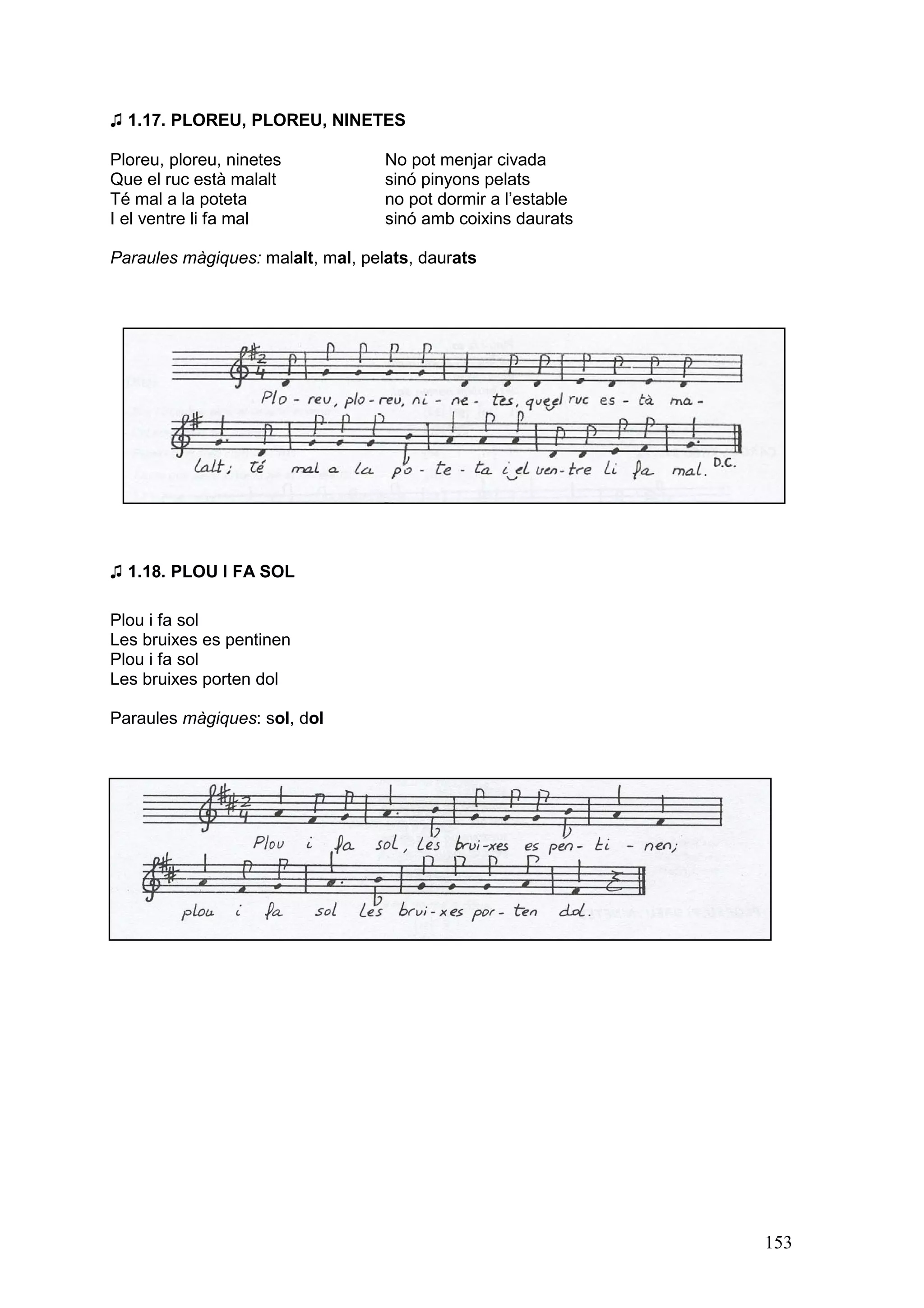 ♫ 1.17. PLOREU, PLOREU, NINETES

Ploreu, ploreu, ninetes            No pot menjar civada
Que el ruc està malalt             sinó pinyons pelats
Té mal a la poteta                 no pot dormir a l’estable
I el ventre li fa mal              sinó amb coixins daurats

Paraules màgiques: malalt, mal, pelats, daurats




♫ 1.18. PLOU I FA SOL

Plou i fa sol
Les bruixes es pentinen
Plou i fa sol
Les bruixes porten dol

Paraules màgiques: sol, dol




                                                               153
 