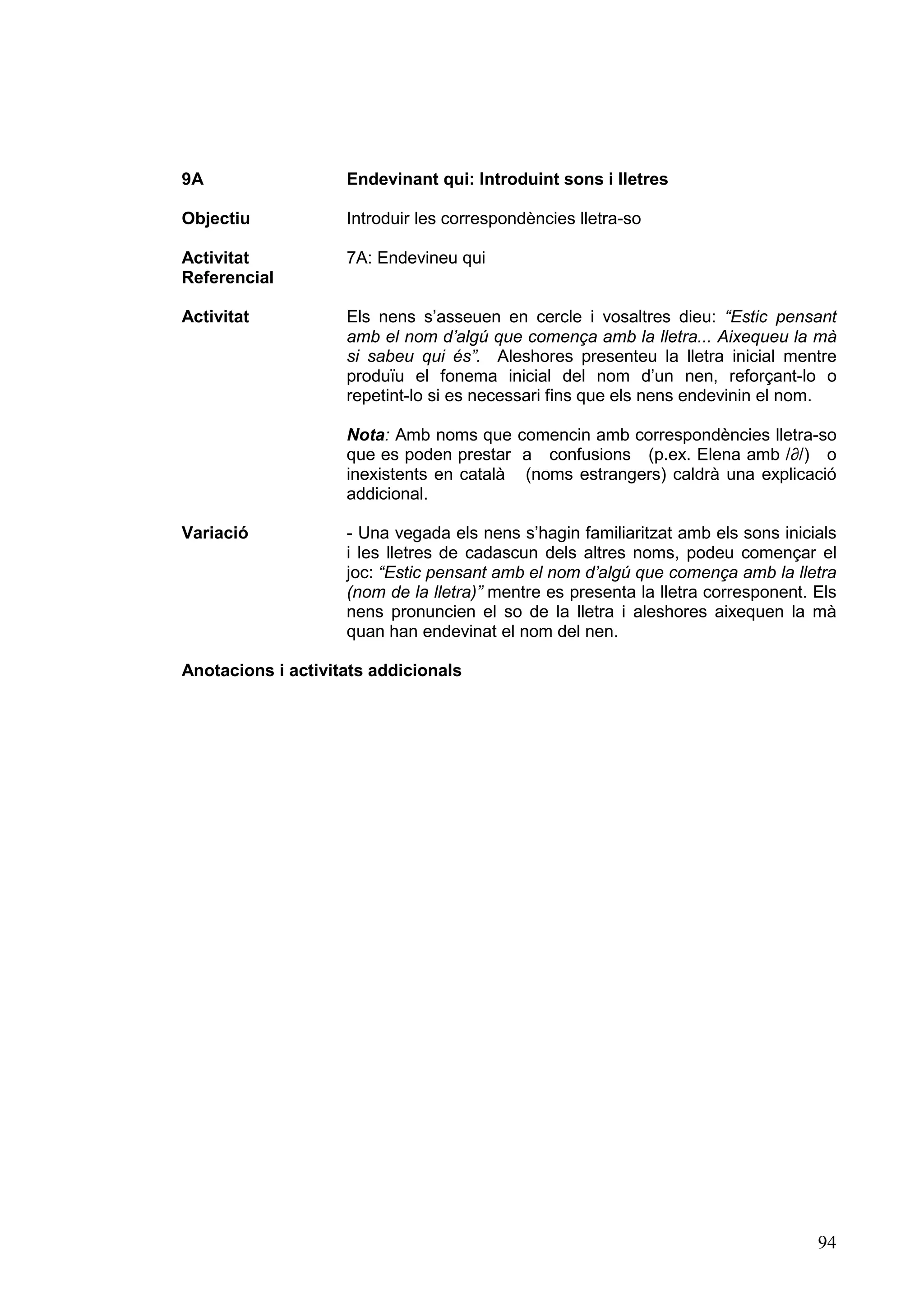 9A                  Endevinant qui: Introduint sons i lletres

Objectiu            Introduir les correspondències lletra-so

Activitat           7A: Endevineu qui
Referencial

Activitat           Els nens s’asseuen en cercle i vosaltres dieu: “Estic pensant
                    amb el nom d’algú que comença amb la lletra... Aixequeu la mà
                    si sabeu qui és”. Aleshores presenteu la lletra inicial mentre
                    produïu el fonema inicial del nom d’un nen, reforçant-lo o
                    repetint-lo si es necessari fins que els nens endevinin el nom.

                    Nota: Amb noms que comencin amb correspondències lletra-so
                    que es poden prestar a confusions (p.ex. Elena amb /∂/) o
                    inexistents en català (noms estrangers) caldrà una explicació
                    addicional.

Variació            - Una vegada els nens s’hagin familiaritzat amb els sons inicials
                    i les lletres de cadascun dels altres noms, podeu començar el
                    joc: “Estic pensant amb el nom d’algú que comença amb la lletra
                    (nom de la lletra)” mentre es presenta la lletra corresponent. Els
                    nens pronuncien el so de la lletra i aleshores aixequen la mà
                    quan han endevinat el nom del nen.

Anotacions i activitats addicionals




                                                                                   94
 