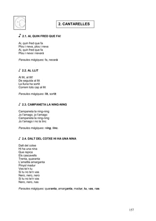 2. CANTARELLES


♪ 2.1. AI, QUIN FRED QUE FA!
Ai, quin fred que fa
Plou i neva, plou i neva
Ai, quin fred que fa
Plou i neva i nevarà

Paraules màgiques: fa, nevarà


♪   2.2. AL LLIT

Al llit, al llit!
De seguida al llit
La lluna ha sortit
Correm tots cap al llit

Paraules màgiques: llit, sortit


♪   2.3. CAMPANETA LA NING-NING

Campaneta la ning-ning
Jo l’amago, jo l’amago
Campaneta la ning-ning
Jo l’amago i no la tinc

Paraules màgiques: ning, tinc.


♪   2.4. DALT DEL COTXE HI HA UNA NINA

Dalt del cotxe
Hi ha una nina
Que repica
Els cascavells
Trenta, quaranta
L’ametlla amarganta
Pinyol madur
Ves-te’n tu
Si tu no te’n vas
Nero, nero, nero
Si tu no te’n vas
Nero, nero, nas

Paraules màgiques: quaranta, amarganta, madur, tu, vas, nas




                                                              157
 