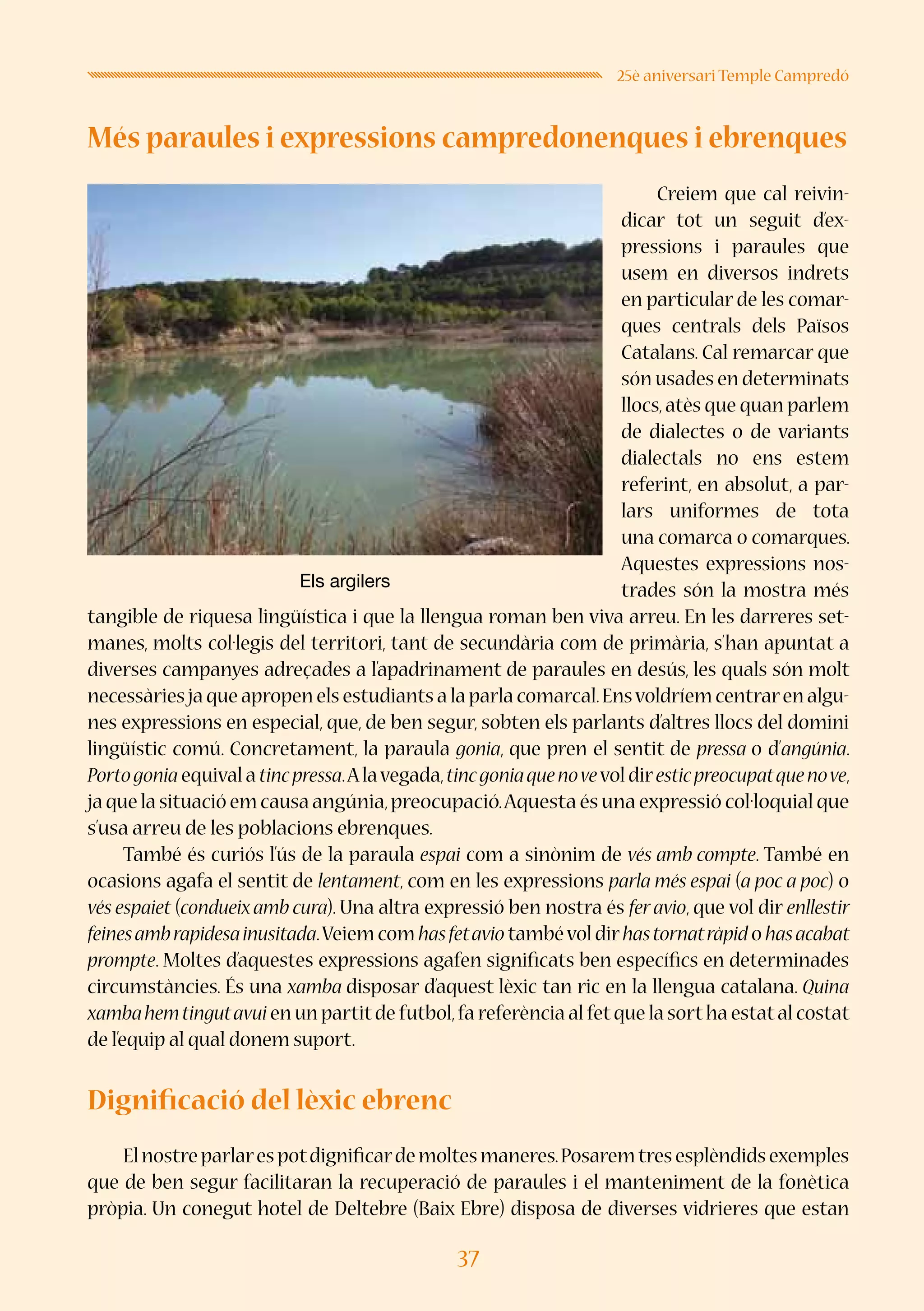 37
25è aniversari Temple Campredó
Els argilers
Més paraules i expressions campredonenques i ebrenques
Creiem que cal reivin-
dicar tot un seguit d’ex-
pressions i paraules que
usem en diversos indrets
en particular de les comar-
ques centrals dels Països
Catalans. Cal remarcar que
són usades en determinats
llocs,atès que quan parlem
de dialectes o de variants
dialectals no ens estem
referint, en absolut, a par-
lars uniformes de tota
una comarca o comarques.
Aquestes expressions nos-
trades són la mostra més
tangible de riquesa lingüística i que la llengua roman ben viva arreu. En les darreres set-
manes, molts col·legis del territori, tant de secundària com de primària, s’han apuntat a
diverses campanyes adreçades a l’apadrinament de paraules en desús, les quals són molt
necessàriesja que apropen els estudiants a la parla comarcal.Ensvoldríem centraren algu-
nes expressions en especial, que, de ben segur, sobten els parlants d’altres llocs del domini
lingüístic comú. Concretament, la paraula gonia, que pren el sentit de pressa o d’angúnia.
Portogonia equival a tincpressa.Alavegada,tincgoniaquenovevol diresticpreocupatquenove,
ja que la situació em causaangúnia,preocupació.Aquesta és una expressió col·loquial que
s’usa arreu de les poblacions ebrenques.
També és curiós l’ús de la paraula espai com a sinònim de vés amb compte. També en
ocasions agafa el sentit de lentament, com en les expressions parla més espai (a poc a poc) o
vés espaiet (condueixamb cura). Una altra expressió ben nostra és feravio, que vol dir enllestir
feinesambrapidesainusitada.Veiem com hasfetavio tambévol dirhastornatràpid o hasacabat
prompte. Moltes d’aquestes expressions agafen significats ben específics en determinades
circumstàncies. És una xamba disposar d’aquest lèxic tan ric en la llengua catalana. Quina
xambahemtingutavui en un partitde futbol,fa referència al fetque la sortha estatal costat
de l’equip al qual donem suport.
Dignificació del lèxic ebrenc
Elnostreparlarespotdignificardemoltesmaneres.Posaremtresesplèndidsexemples
que de ben segur facilitaran la recuperació de paraules i el manteniment de la fonètica
pròpia. Un conegut hotel de Deltebre (Baix Ebre) disposa de diverses vidrieres que estan
 