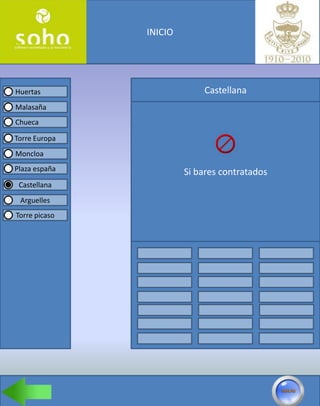 INICIO




Huertas                     Castellana
Malasaña
Chueca

Torre Europa
Moncloa
Plaza españa            Si bares contratados
 Castellana
 Arguelles
Torre picaso
 