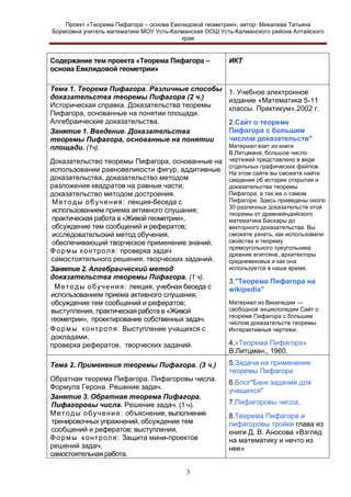 Проект «Теорема Пифагора – основа Евклидовой геометрии», автор: Михалева Татьяна
Борисовна учитель математики МОУ Усть-Калманская ООШ Усть-Калманского района Алтайского
края

Содержание тем проекта «Теорема Пифагора –
основа Евклидовой геометрии»

ИКТ

Тема 1. Теорема Пифагора. Различные способы
доказательства теоремы Пифагора (2 ч.)
Историческая справка. Доказательства теоремы
Пифагора, основанные на понятии площади.
Алгебраические доказательства.
Занятие 1. Введение. Доказательства
теоремы Пифагора, основанные на понятии
площади. (1ч).

1. Учебное электронное
издание «Математика 5-11
классы. Практикум»,2002 г.

Доказательство теоремы Пифагора, основанные на
использовании равновеликости фигур, аддитивные
доказательства, доказательство методом
разложения квадратов на равные части;
доказательство методом достроения.
М е т о д ы о б у ч е н и я : лекция-беседа с
использованием приема активного слушания;
практическая работа в «Живой геометрии»,
обсуждение тем сообщений и рефератов;
исследовательский метод обучения,
обеспечивающий творческое применение знаний.
Ф о р м ы к о нтр о ля: проверка задач
самостоятельного решения, творческих заданий.
Занятие 2. Алгебраический метод
доказательства теоремы Пифагора. (1 ч).
М е т о д ы о б уч е н и я: лекция, учебная беседа с
использованием приема активного слушания;
обсуждение тем сообщений и рефератов;
выступления, практическая работа в «Живой
геометрии», проектирование собственных задач.
Ф о р м ы к о нт р о ля: Выступление учащихся с
докладами,
проверка рефератов, творческих заданий.
Тема 2. Применения теоремы Пифагора. (3 ч.)
Обратная теорема Пифагора. Пифагоровы числа.
Формула Герона. Решение задач.
Занятие 3. Обратная теорема Пифагора.
Пифагоровы числа. Решение задач. (1 ч).
М е т о д ы о б уч е н и я : объяснение, выполнение
тренировочных упражнений, обсуждение тем
сообщений и рефератов; выступления,
Ф о р м ы к о нт р о ля : Защита мини-проектов
решений задач,
самостоятельная работа.
3

2.Сайт о теореме
Пифагора с большим
числом доказательств"
Материал взят из книги
В.Литцмана, большое число
чертежей представлено в виде
отдельных графических файлов.
На этом сайте вы сможете найти
сведения об истории открытия и
доказательства теоремы
Пифагора, а так же о самом
Пифагоре. Здесь приведены около
30 различных доказательств этой
теоремы от древнейндийского
математика Басхары до
векторного доказательства. Вы
сможете узнать, как использовали
свойства и теорему
прямоугольного треугольника
древние египтяне, архитекторы
средневековья и как она
используется в наше время.

3."Теорема Пифагора на
wikipedia"
Материал из Википедии —
свободной энциклопедии Сайт о
теореме Пифагора с большим
числом доказательств теоремы.
Интерактивные чертежи.

4.«Теорема Пифагора»
В.Литцман,, 1960.
5.Задачи на применение
теоремы Пифагора
6.Блог"Банк заданий для
учащихся"
7.Пифагоровы числа.
8.Теорема Пифагора и
пифагоровы тройки глава из
книги Д. В. Аносова «Взгляд
на математику и нечто из
нее»

 