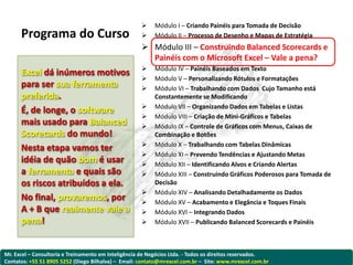     Módulo I – Criando Painéis para Tomada de Decisão
      Programa do Curso                                  Módulo II – Processo de Desenho e Mapas de Estratégia
                                                      Módulo III – Construindo Balanced Scorecards e
                                                       Painéis com o Microsoft Excel – Vale a pena?
                                                         Módulo IV – Painéis Baseados em Texto
      Excel dá inúmeros motivos
                                                         Módulo V – Personalizando Rótulos e Formatações
      para ser sua ferramenta                            Módulo VI – Trabalhando com Dados Cujo Tamanho está
      preferida.                                          Constantemente se Modificando
                                                         Módulo VII – Organizando Dados em Tabelas e Listas
      É, de longe, o software
                                                         Módulo VIII – Criação de Mini-Gráficos e Tabelas
      mais usado para Balanced                           Módulo IX – Controle de Gráficos com Menus, Caixas de
      Scorecards do mundo!                                Combinação e Botões
                                                         Módulo X – Trabalhando com Tabelas Dinâmicas
      Nesta etapa vamos ter
                                                         Módulo XI – Prevendo Tendências e Ajustando Metas
      idéia de quão bom é usar                           Módulo XII – Identificando Alvos e Criando Alertas
      a ferramenta e quais são                           Módulo XIII – Construindo Gráficos Poderosos para Tomada de
      os riscos atribuídos a ela.                         Decisão
                                                         Módulo XIV – Analisando Detalhadamente os Dados
      No final, provaremos, por                          Módulo XV – Acabamento e Elegância e Toques Finais
      A + B que realmente vale a                         Módulo XVI – Integrando Dados
      pena!                                              Módulo XVII – Publicando Balanced Scorecards e Painéis



Mr. Excel – Consultoria e Treinamento em Inteligência de Negócios Ltda. - Todos os direitos reservados.
Contatos: +55 51 8905 5252 (Diego Bilhalva) – Email: contato@mrexcel.com.br – Site: www.mrexcel.com.br
 