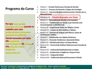     Módulo I – Criando Painéis para Tomada de Decisão
      Programa do Curso                                  Módulo II – Processo de Desenho e Mapas de Estratégia
                                                         Módulo III – Construindo Balanced Scorecards e Painéis com o
                                                          Microsoft Excel
                                                      Módulo IV – Painéis Baseados em Texto
                                                         Módulo V – Personalizando Rótulos e Formatações
                                                         Módulo VI – Trabalhando com Dados Cujo Tamanho está
      Por que fazer painéis                               Constantemente se Modificando
      baseados em texto quando se                        Módulo VII – Organizando Dados em Tabelas e Listas
      trabalha com uma                                   Módulo VIII – Criação de Mini-Gráficos e Tabelas
      poderosíssima ferramenta                           Módulo IX – Controle de Gráficos com Menus, Caixas de
      geradora de gráficos?                               Combinação e Botões
                                                         Módulo X – Trabalhando com Tabelas Dinâmicas
      Painéis baseados em texto
                                                         Módulo XI – Prevendo Tendências e Ajustando Metas
      são excelentes
                                                         Módulo XII – Identificando Alvos e Criando Alertas
      economizadores de espaço, e
                                                         Módulo XIII – Construindo Gráficos Poderosos para Tomada de
      sim, eles são muito                                 Decisão
      elegantes.                                         Módulo XIV – Analisando Detalhadamente os Dados
      Surpreenda-se!                                     Módulo XV – Acabamento e Elegância e Toques Finais
                                                         Módulo XVI – Integrando Dados
                                                         Módulo XVII – Publicando Balanced Scorecards e Painéis



Mr. Excel – Consultoria e Treinamento em Inteligência de Negócios Ltda. - Todos os direitos reservados.
Contatos: +55 51 8905 5252 (Diego Bilhalva) – Email: contato@mrexcel.com.br – Site: www.mrexcel.com.br
 