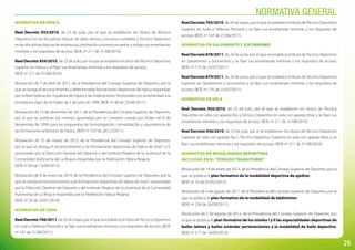 26
Normativa en Hípica
Real Decreto 933/2010, de 23 de julio, por el que se establecen los títulos de Técnico
Deportivo en las disciplinas hípicas de salto, doma y concurso completo y Técnico Deportivo
enlasdisciplinashípicasderesistencia,orientaciónyturismoecuestre,ysefijansusenseñanzas
mínimas y los requisitos de acceso. (BOE nº 211 de 31/08/2010).
Real Decreto 934/2010, de 23 de julio, por el que se establece el título deTécnico Deportivo
Superior en hípica y se fijan sus enseñanzas mínimas y los requisitos de acceso.
(BOE nº 211 de 31/08/2010).
Resolución de 7 de abril de 2011, de la Presidencia del Consejo Superior de Deportes, por la
que se otorga el reconocimiento a determinadas formaciones deportivas de hípica impartidas
por la Real Federación Española de Hípica y las Federaciones Territoriales con anterioridad a la
entrada en vigor de la Orden de 5 de julio de 1999. (BOE nº 98 de 25/04/2011).
Resolución de 13 de diciembre de 2011, de la Presidencia del Consejo Superior de Deportes,
por la que se publican los criterios aprobados por la Comisión creada por Orden de 8 de
Noviembre de 1999, para las propuestas de homologación, convalidación y equivalencia de
las formaciones anteriores de hípica. (BOE nº 310 de 26/12/2011).
Resolución de 25 de marzo de 2013, de la Presidencia del Consejo Superior de Deportes,
por la que se otorga el reconocimiento a las formaciones deportivas de hípica de nivel I y II,
autorizadas por la Dirección General del Deporte y del Instituto Riojano de la Juventud de la
Comunidad Autónoma de La Rioja e impartidas por la Federación Hípica Riojana.
(BOE nº 89 de 13/04/2013).
Resolución de 8 de enero de 2014, de la Presidencia del Consejo Superior de Deportes, por la
que se otorga el reconocimiento a las formaciones deportivas de hípica de nivel I, autorizadas
por la Dirección General del Deporte y del Instituto Riojano de la Juventud de la Comunidad
Autónoma de La Rioja e impartidas por la Federación Hípica Riojana.
(BOE nº 20 de 23/01/2014).
Normativa en Judo
RealDecreto706/2011, de 20 de mayo, por el que se establece el título deTécnico Deportivo
en Judo y Defensa Personal y se fijan sus enseñanzas mínimas y los requisitos de acceso. (BOE
nº 147 de 21/06/2011).
RealDecreto705/2010, de 20 de mayo, por el que se establece el título deTécnico Deportivo
Superior en Judo y Defensa Personal y se fijan sus enseñanzas mínimas y los requisitos de
acceso. (BOE nº 147 de 21/06/2011).
Normativa en Salvamento y socorrismo
Real Decreto 878/2011, de 24 de junio, por el que se establece el título deTécnico Deportivo
en Salvamento y Socorrismo y se fijan sus enseñanzas mínimas y los requisitos de acceso.
(BOE nº 175 de 22/07/2011).
Real Decreto 879/2011, de 24 de junio, por el que se establece el título deTécnico Deportivo
Superior en Salvamento y Socorrismo y se fijan sus enseñanzas mínimas y los requisitos de
acceso. (BOE nº 176 de 23/07/2011).
Normativa en Vela
Real Decreto 935/2010, de 23 de julio, por el que se establecen los títulos de Técnico
Deportivo en vela con aparejo fijo y Técnico Deportivo en vela con aparejo libre, y se fijan sus
enseñanzas mínimas y los requisitos de acceso. (BOE nº 211 de 31/08/2010).
Real Decreto 936/2010, de 23 de julio, por el se establecen los títulos de Técnico Deportivo
Superior en vela con aparejo fijo y Técnico Deportivo Superior en vela con aparejo libre, y se
fijan sus enseñanzas mínimas y los requisitos de acceso. (BOE nº 211 de 31/08/2010).
Normativa en modalidades deportivas
incluidas en el“PERIODO TRANSITORIO”
Resolución de 18 de enero de 2013, de la Presidencia del Consejo Superior de Deportes, por la
que se publica el plan formativo de la modalidad deportiva de ajedrez.
(BOE nº 33 de 07/02/2013).
Resolución de 4 de agosto de 2011, de la Presidencia del Consejo Superior de Deportes, por la
que se publica el plan formativo de la modalidad de bádminton.
(BOE nº 226 de 20/09/2011).
Resolución de 5 de agosto de 2013, de la Presidencia del Consejo Superior de Deportes, por
la que se publica el plan formativo de los niveles I y II las especialidades deportivas de
bailes latinos y bailes estándar pertenecientes a la modalidad de baile deportivo.
(BOE nº 217 de 10/09/2013).
Normativa General
 