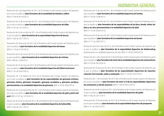 27
Resolución de 5 de septiembre de 2011, de la Presidencia del Consejo Superior de Deportes,
por la que se publica el plan formativo de la modalidad de béisbol y sófbol.
(BOE nº 238 de 03/10/2011).
Resolución de 25 de noviembre de 2011, de la Presidencia del Consejo Superior de Deportes,
por la que se publica el plan formativo de la modalidad deportiva de billar.
(BOE nº 301 de 15/12/2011).
Resolución de 26 de octubre de 2011, de la Presidencia del Consejo Superior de Deportes, por
la que se publica el plan formativo de la especialidad deportiva de boccia.
(BOE nº 282 de 23/11/2011).
Resolución de 26 de junio de 2012, de la Presidencia del Consejo Superior de Deportes, por la
que se publica el plan formativo de la modalidad deportiva de boxeo.
(BOE nº 174 de 21/07/2012).
Resolución de 22 de marzo de 2012, de la Presidencia del Consejo Superior de Deportes, por
la que se publica el plan formativo de la modalidad deportiva de ciclismo.
(BOE nº 88 de 12/04/2012).
Resolución de 25 de mayo de 2012, de la Presidencia del Consejo Superior de Deportes, por la
que se publica el plan formativo de la modalidad deportiva de fútbol americano.
(BOE nº 161 de 03/07/2012).
Resolución de 7 de febrero de 2012, de la Presidencia del Consejo Superior de Deportes,
por la que se publica el plan formativo de las especialidades de gimnasia artística,
gimnasia rítmica, gimnasia trampolín, gimnasia acrobática y gimnasia aeróbica,
pertenecientes a la modalidad deportiva de gimnasia. (BOE nº 50 de 28/02/2012).
Resolución de 16 de septiembre de 2011, de la Presidencia del Consejo Superior de Deportes,
por la que se publica el plan formativo de la modalidad deportiva de golf y pitch and
putt. (BOE nº 247 de 13/10/2011).
Resolución de 26 de octubre de 2011, de la Presidencia del Consejo Superior de Deportes, por
la que se publica el plan formativo de la modalidad deportiva de halterofilia.
(BOE nº 282 de 23/11/2011).
Resolución de 13 de julio de 2011, de la Presidencia del Consejo Superior de Deportes, por la
que se publica el plan formativo de la modalidad deportiva de hockey.
(BOE nº 193 de 12/08/2011).
Resolución de 26 de abril de 2012, de la Presidencia del Consejo Superior de Deportes, por la
que se publica el plan formativo de las especialidades de jiu-jitsu, kendo, nihon tai-
jitsu y wu-shu, pertenecientes a la modalidad deportiva de judo.
(BOE nº 125 de 25/05/2012).
Resolución de 29 de junio de 2011, de la Presidencia del Consejo Superior de Deportes, por la
que se publica el plan formativo de la modalidad deportiva de karate.
(BOE nº 171 de 18/07/2011).
Resolución de 8 de mayo de 2012, de la Presidencia del Consejo Superior de Deportes, por
la que se publica el plan formativo de la especialidad deportiva de kiteboarding,
perteneciente a la modalidad deportiva de vela. (BOE nº 128 de 29/05/2012).
Resoluciónde11deoctubrede2013,delaPresidenciadelConsejoSuperiordeDeportes,porla
que se publica el plan formativo de nivel I de la modalidad deportiva de motociclismo.
(BOE nº 259 de 29/10/2013).
Resolución de 20 de junio de 2012, de la Presidencia del Consejo Superior de Deportes, por
la que se publica el plan formativo de las especialidades deportivas de natación,
natación sincronizada, saltos y waterpolo. (BOE nº 169 de 16/07/2012).
Resolución de 11 de noviembre de 2013, de la Presidencia del Consejo Superior de Deportes,
por la que se publica el plan formativo de nivel I y II de las especialidades deportivas
de orientación y raid de aventura. (BOE nº 294 de 09/12/2013).
Resolución de 26 de octubre de 2011, de la Presidencia del Consejo Superior de Deportes, por
la que se publica el plan formativo de la modalidad deportiva de pádel.
(BOE nº 282 de 23/11/2011).
Resolución de 19 de diciembre de 2012, de la Presidencia del Consejo Superior de Deportes,
por la que se publica el plan formativo de la especialidad deportiva de parapente.
(BOE nº 21 de 24/01/2013).
Normativa General
 