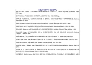 BIBLIOGRAFIA GENERAL
BACHELARD, Gastón. LA FORMACIÓN DEL ESPÍRITU CIENTÍFICO. Editorial Siglo XXI, (Colombia, 1988,
343 págs.
BARKER Joel. PARADIGMAS EDITORIAL MC GRAW HILL 1995 258 Págs.
BRAVO FRANCISCO, CARRION ROQUE Y OTROS. CONOCIMIENTOS Y UNIVERSIDAD. Editorial
Carabobo 122 págs.
BERLIN Isaiah, BOORSTIN Daniel y Otros. Fin de Siglo. Editorial Mac Graw Hill 1992 312 págs.
BEST Jhon. INVESTIGACIÓN Y EDUCACIÓN. Ediciones Paidos. Barcelona-España 1984, 194 págs.
BRIONES, Guillermo. METODOLOGÍA DE L A INVESTIGACIÓN SOCIAL, Editorial Trillas, México, 1989.
CALLELO, Hugo. METODOLOGÍA DE LA INVESTIGACIÓN EN LAS CIENCIAS SOCIALES. Editorial
Tropykia, Caracas, 1990
CERDA Hugo. LOS ELEMENTOS DE LA INVESTIGACIÓN EDITORIAL. EL BUHO, 1991 449 págs.
CORDOVA, Víctor. “HACIA UNA SOCIOLOGÍA DE LO VIVVIDO”. Fondo Editorial Tropykos 1995, 220 págs.
CHALMER, Alan P, Qué es esa cosa llamada Ciencia. España, 1962, 245 págs.
COLON, Antoni y Meliach Joan Carles. DESPUES DE LA MODERNIDAD. Editorial Paidos. Buenos Aires 192
págs.
COOK, T. D. y Reichardt CH. S. MÉTODOS CUALITATIVOS Y CUANTITATIVOS EN INVESTIGACIÓN
EVALUATIVA. Editorial Morata. Madrid 1986. 228 págs.
CORDOVA, CARIAS Víctor. EL MODO DE VIDA (PROBLEMÁTICA TEÓRICA Y METODOLÓGICA. UCV.
 
