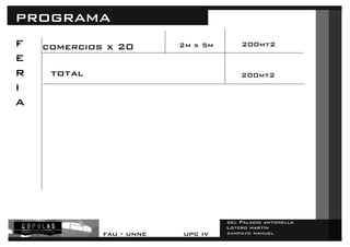 del Palacio antonella 
Lotero martín 
zampayo nahuel 
programa 
f 
e 
fau - unne upc iv 
ri 
a 
comercios x 20 2m x 5m 200mt2 
total 200mt2 
 