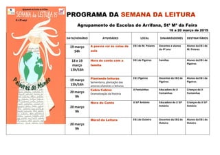 PROGRAMA DA SEMANA DA LEITURA
Agrupamento de Escolas de Arrifana, Stª Mª da Feira
16 a 20 março de 2015
DATA/HORÁRIO ATIVIDADES LOCAL DINAMIZADORES DESTINATÁRIOS
19 março
14h
A poesia vai às salas de
aula
EB1 de M. Poiares Docentes e alunos
do 4º ano
Alunos da EB1 de
M. Poiares
18 e 19
março
15h/16h
Hora do conto com a
família
EB1 de Pigeiros Famílias Alunos da EB1 de
Pigeiros
19 março
15h/16h
Plantando leituras
Sementeira, plantação das
amoras silvestres e leituras
EB1 Pigeiros Docentes da EB1 de
Pigeiros
Alunos da EB1 de
Pigeiros
20 março
9h
Cabra Cabrez
Dramatização da história
JI Fontainhas Educadora do JI
Fontainhas
Crianças do JI
Fontainhas
20 março
9h
Hora do Conto JI Stº António Educadora do JI Stº
António
Crianças do JI Stº
António
20 março
9h
Mural da Leitura EB1 do Outeiro Docentes da EB1 do
Outeiro
Alunos da EB1 do
Outeiro
 