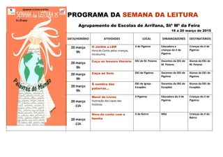 PROGRAMA DA SEMANA DA LEITURA
Agrupamento de Escolas de Arrifana, Stª Mª da Feira
16 a 20 março de 2015
DATA/HORÁRIO ATIVIDADES LOCAL DINAMIZADORES DESTINATÁRIOS
20 março
9h
O Jardim a LER
Hora do Conto pelas crianças,
intraturma
JI de Pigeiros Educadora e
crianças do JI de
Pigeiros
Crianças do JI de
Pigeiros
20 março
9h
Caça ao tesouro literário EB1 de M. Poiares Docentes da EB1 de
M. Poiares
Alunos da EB1 de
M. Poiares
20 março
9h
Caça ao livro EB1 de Pigeiros Docentes da EB1 de
Pigeiros
Alunos da EB1 de
Pigeiros
20 março
9h
À sombra das
palavras…
EB1 de Igreja -
Escapães
Docentes da EB1 de
Escapães
Alunos da EB1 de
Escapães
20 março
11h
Mural de Livros
Ilustração das capas das
histórias
JI Pigeiros Educadora do JI de
Pigeiros
Crianças do JI de
Pigeiros
20 março
11h
Hora do conto com a
família
JI do Bairro Mãe Crianças do JI do
Bairro
 