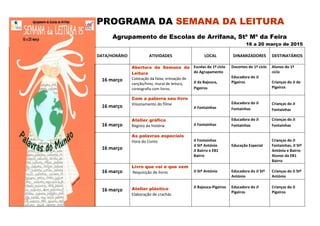 PROGRAMA DA SEMANA DA LEITURA
Agrupamento de Escolas de Arrifana, Stª Mª da Feira
16 a 20 março de 2015
DATA/HORÁRIO ATIVIDADES LOCAL DINAMIZADORES DESTINATÁRIOS
16 março
Abertura da Semana da
Leitura
Colocação da faixa, entoação de
canção/hino, mural de leitura,
coreografia com livros.
Escolas do 1º ciclo
do Agrupamento
JI da Bajouca,
Pigeiros
Docentes do 1º ciclo
Educadora do JI
Pigeiros
Alunos do 1º
ciclo
Crianças do JI de
Pigeiros
16 março
Com a palavra seu livro
Visionamento do filme
JI Fontaínhas
Educadora do JI
Fontaínhas
Crianças do JI
Fontaínhas
16 março
Atelier gráfico
Registo da história JI Fontaínhas
Educadora do JI
Fontaínhas
Crianças do JI
Fontaínhas
16 março
As palavras especiais
Hora do Conto JI Fontaínhas
JI Stº António
JI Bairro e EB1
Bairro
Educação Especial
Crianças do JI
Fontaínhas, JI Stº
António e Bairro
Alunos da EB1
Bairro
16 março
Livro que vai e que vem
Requisição de livros JI Stº António Educadora do JI Stº
António
Crianças do JI Stº
António
16 março Atelier plástico
Elaboração de crachás
JI Bajouca-Pigeiros Educadora do JI
Pigeiros
Crianças do JI
Pigeiros
 