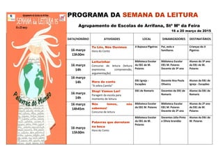 PROGRAMA DA SEMANA DA LEITURA
Agrupamento de Escolas de Arrifana, Stª Mª da Feira
16 a 20 março de 2015
DATA/HORÁRIO ATIVIDADES LOCAL DINAMIZADORES DESTINATÁRIOS
16 março
13h30m
Tu Lês, Nós Ouvimos
Hora do Conto
JI Bajouca-Pigeiros Pai, avós e
familiares
Crianças do JI
Pigeiros
16 março
14h
Leiturinhar
Concurso de leitura (leitura
expressiva, compreensão,
argumentação)
Biblioteca Escolar
da EB1 de M.
Poiares
Biblioteca Escolar
EB1 M. Poiares
Docente do 3º ano
Alunos do 3º ano
da EB1 de M.
Poiares
16 março
14h Hora do conto
“A zebra Camila”
EB1 Igreja -
Escapães
Docente Ana Paula
Oliveira
Alunos da EB1 de
Igreja - Escapães
16 março
14h
Stop! Vamos Ler!
Paragem da escola para
momento de leitura
EB1 de Romariz Docentes da EB1 de
Romariz
Alunos da EB1 de
Romariz
16 março
14h45m
Nós lemos, nós
sabemos!
Concurso de leitura
Biblioteca Escolar
da EB1 M. Poiares
Biblioteca Escolar
EB1 M. Poiares
Docente do 2º ano
Alunos do 2º ano
da EB1 de M.
Poiares
16 março
15h30m
Palavras que derretem
na boca
Hora do Conto
Biblioteca Escolar
da EB1 de M.
Poiares
Docentes Júlia Pinto
e Olívia brandão
Alunos da EB1 de
M. Poiares
 